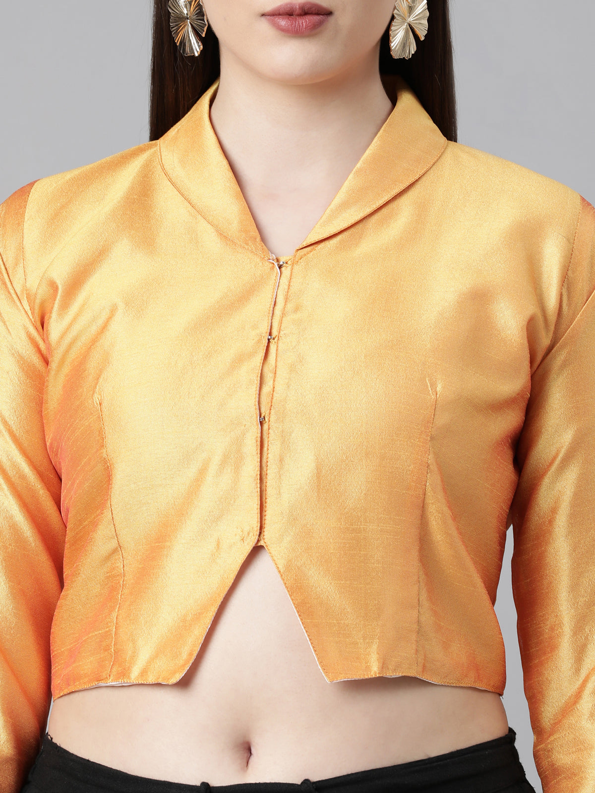 Mustard Solid Three-Quarter Sleeves Mandarin Collar Dupion Silk Knot Blouse