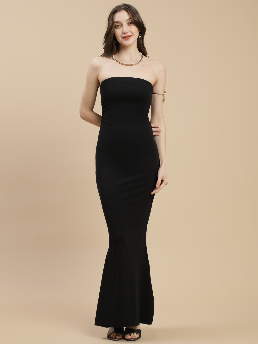 Women Black Ruched Side Slit Tube Dress