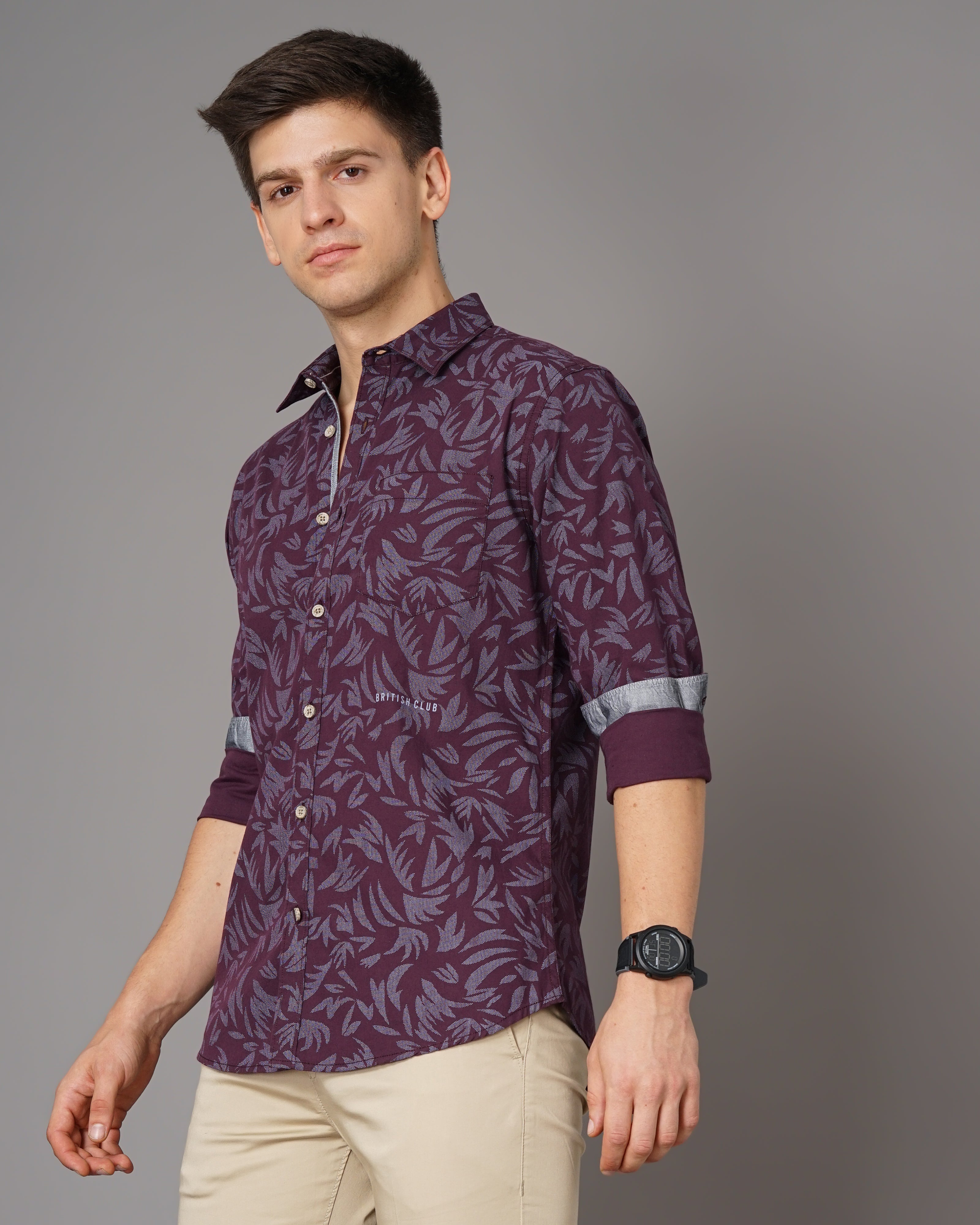 Men Burgundy Cotton Slim Shirt