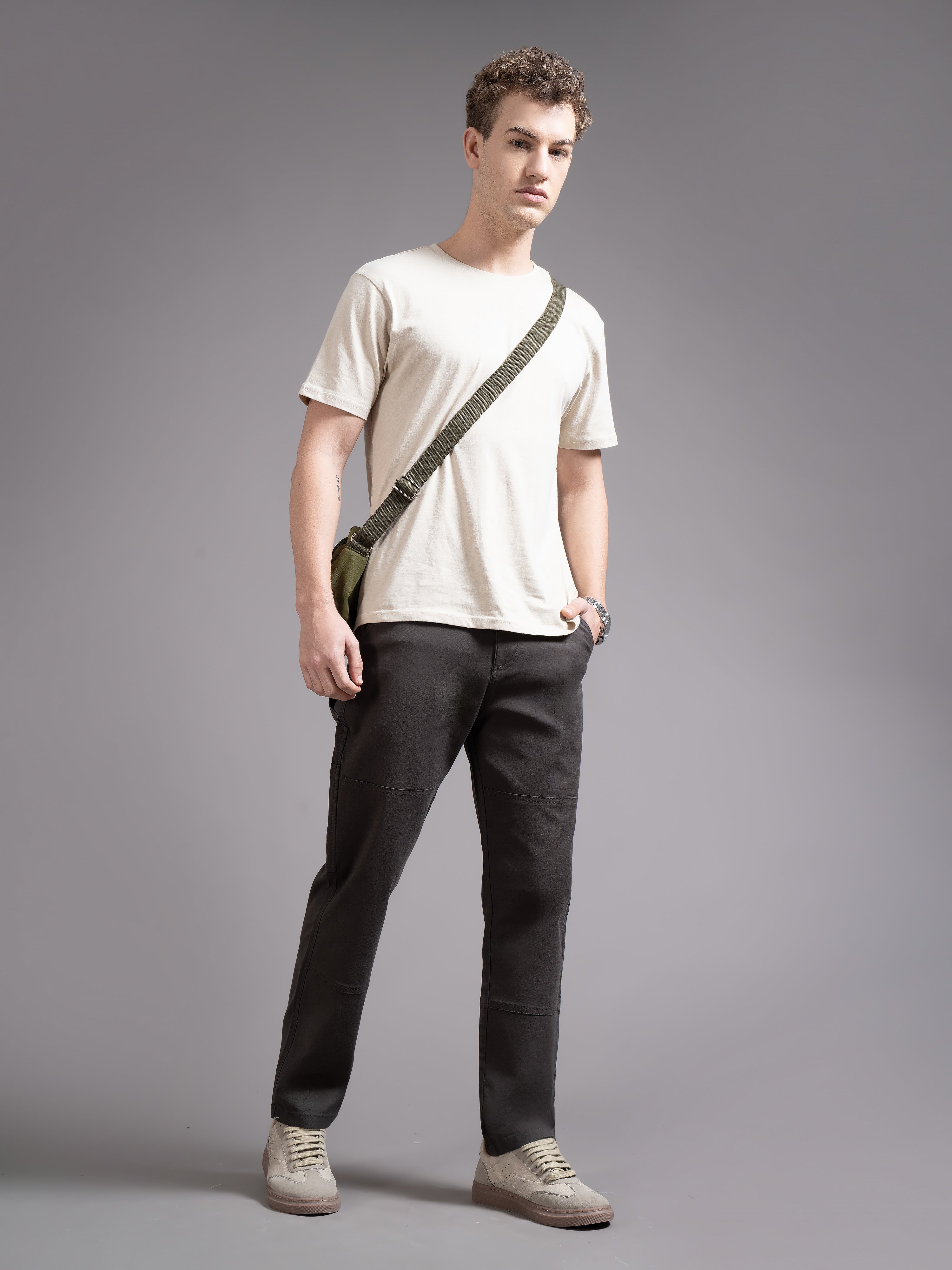 Men Charcoal Straight Fit Cargo Trouser