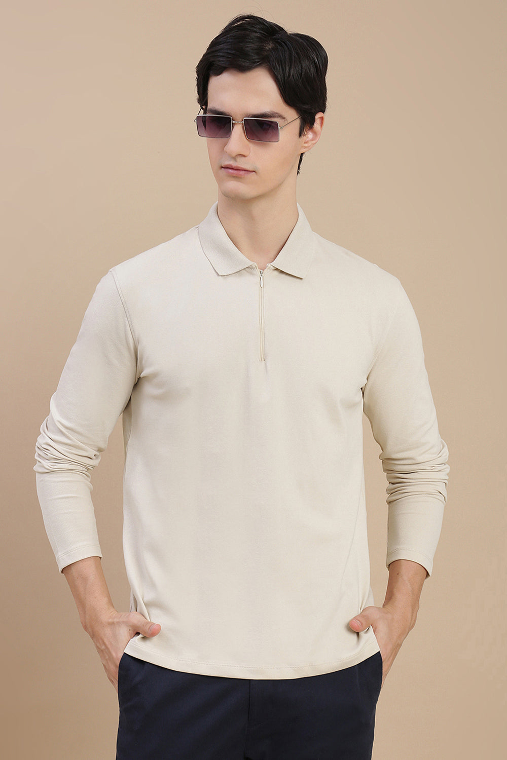 Men Beige Bonded Zipper Polo T-Shirt