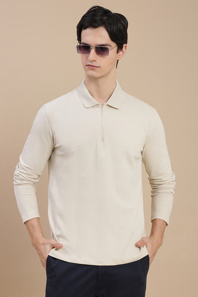 Men Beige Bonded Zipper Polo T-Shirt