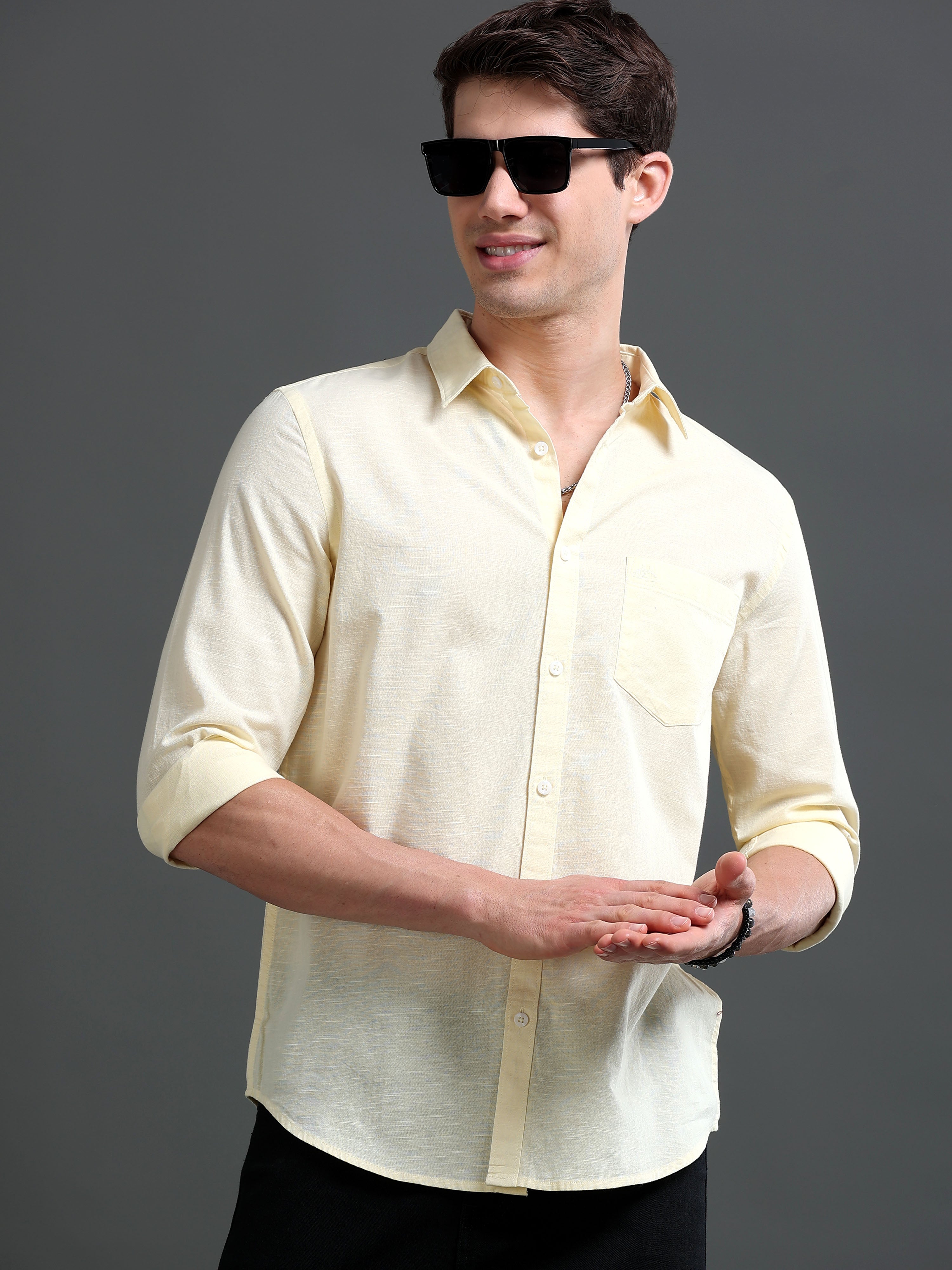 Men Yellow Slub Solid Shirt