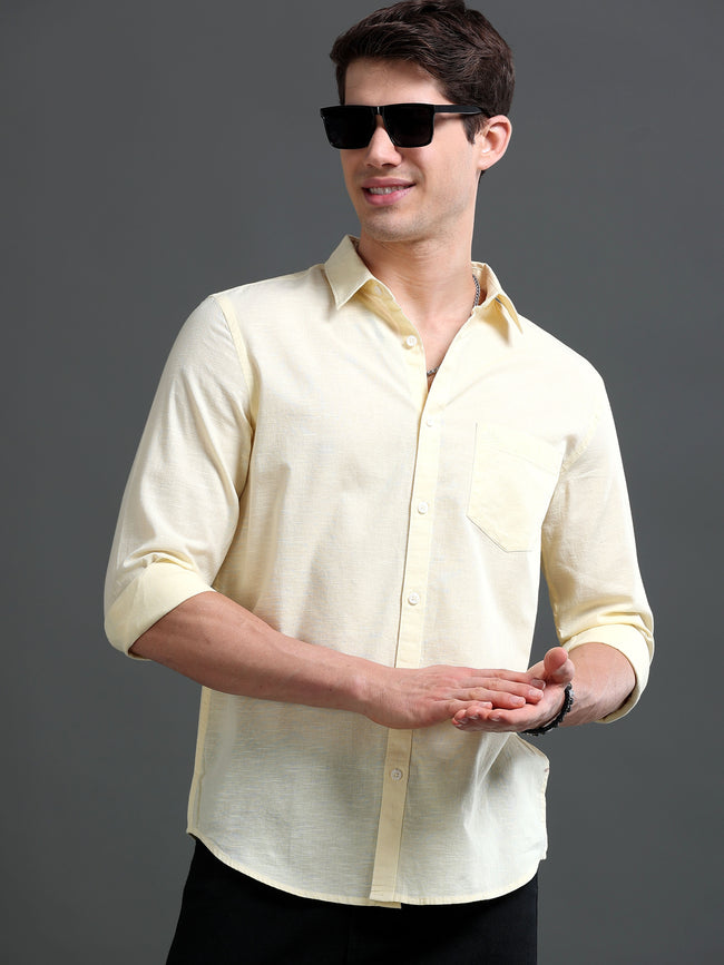 Men Yellow Slub Solid Shirt