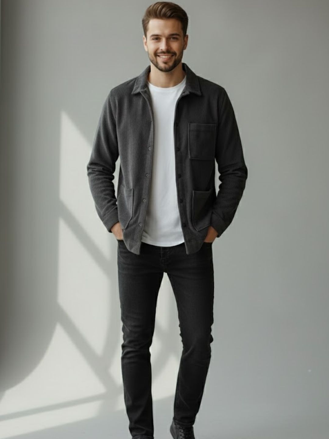 Men Grey Textured Casual Jacket