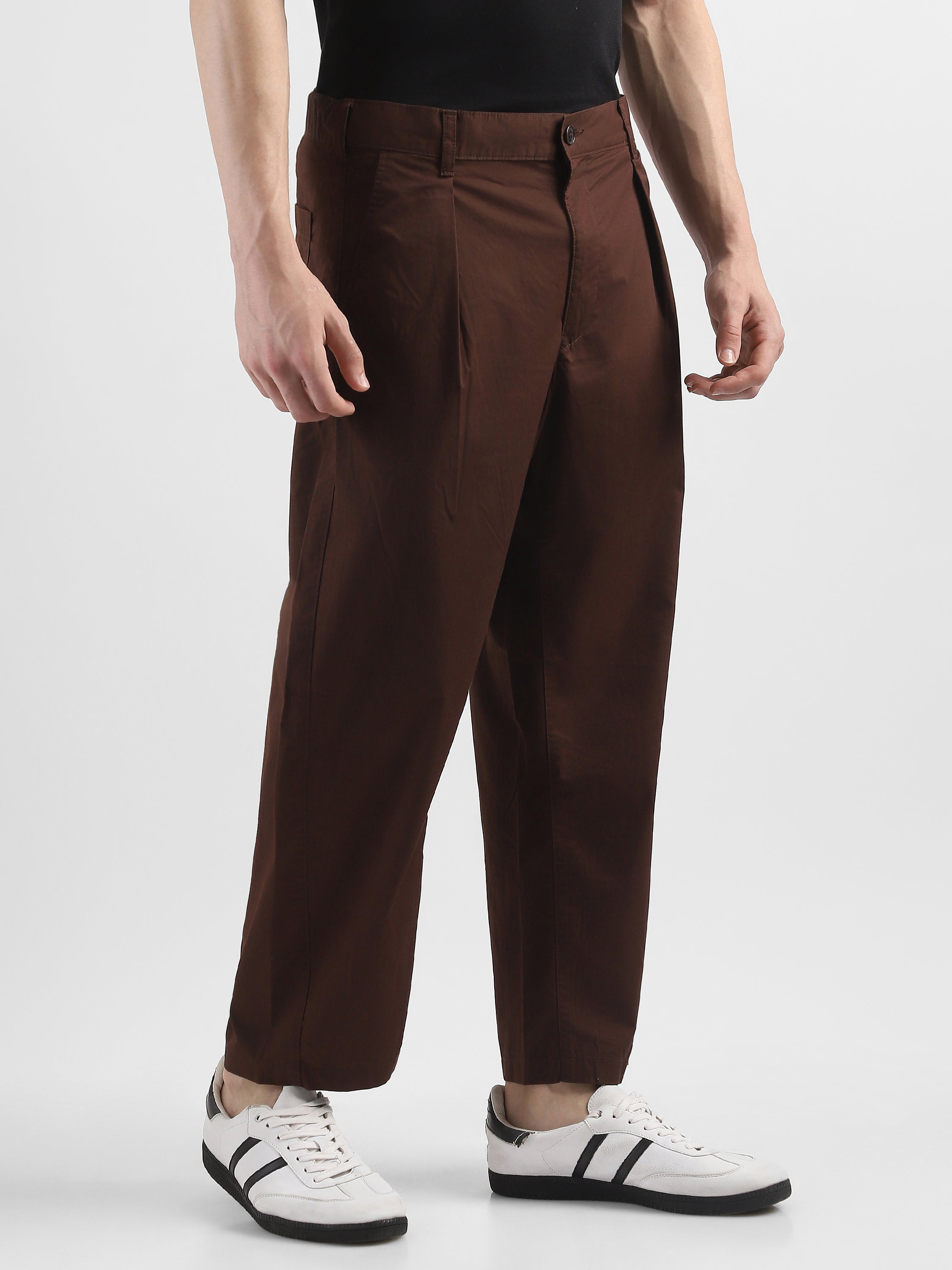Men Brown Pleated Mid Rise Comfort Fit Trousers