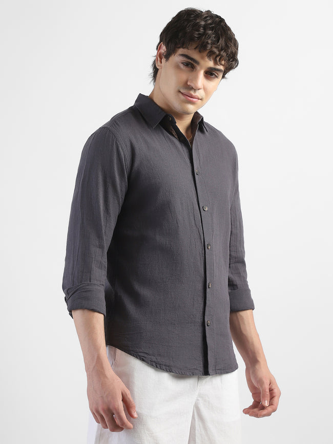 Men Linen Blend Dark Grey Shirt