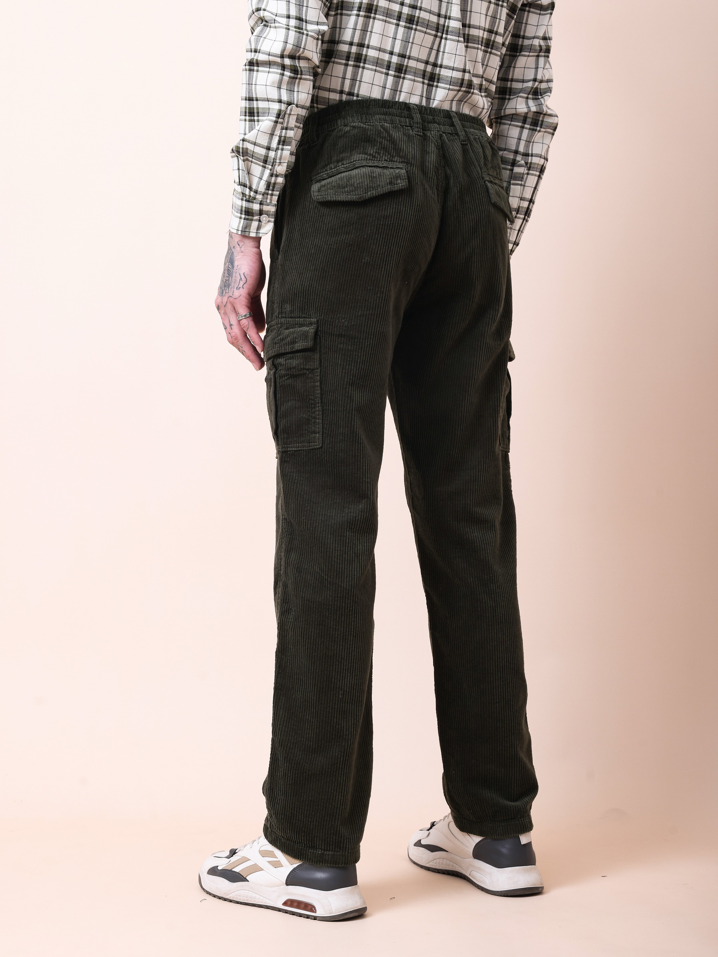 Men Olive Corduroy Cargo Pants