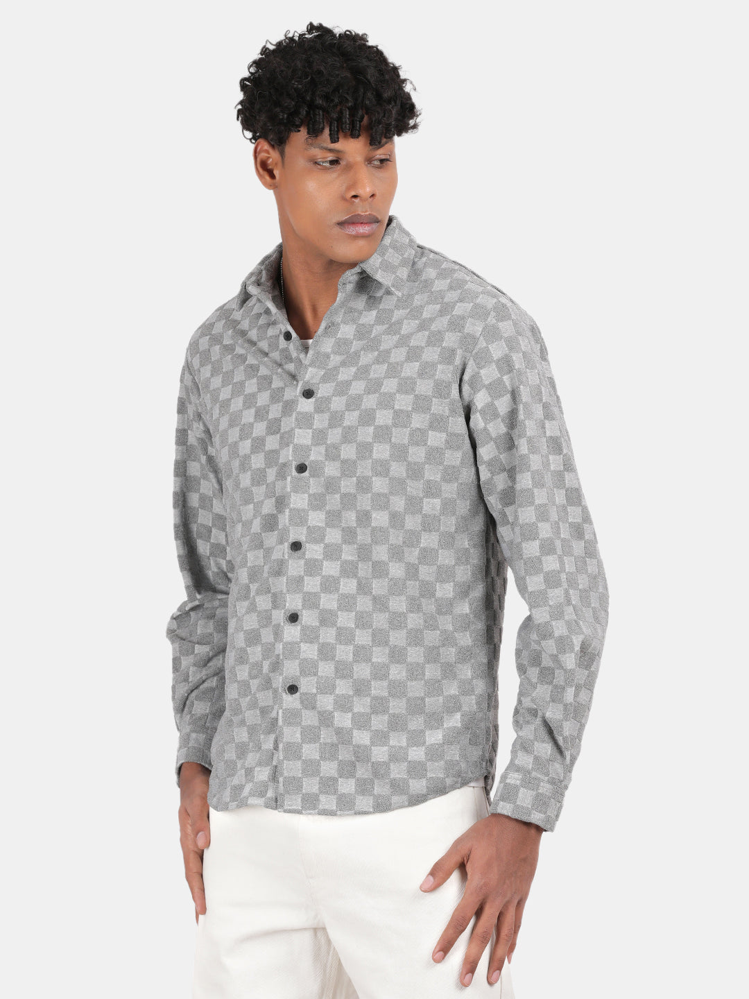 Men Light grey Slim Fit Spread Collar Full Sleeve Casual Shirt
