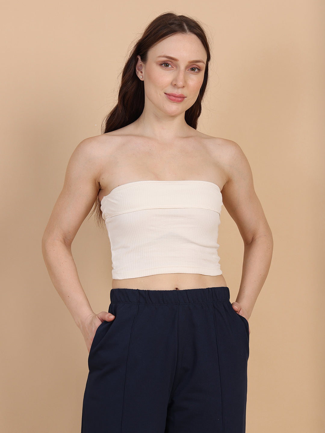 Women Off White Over Fold Tube Top