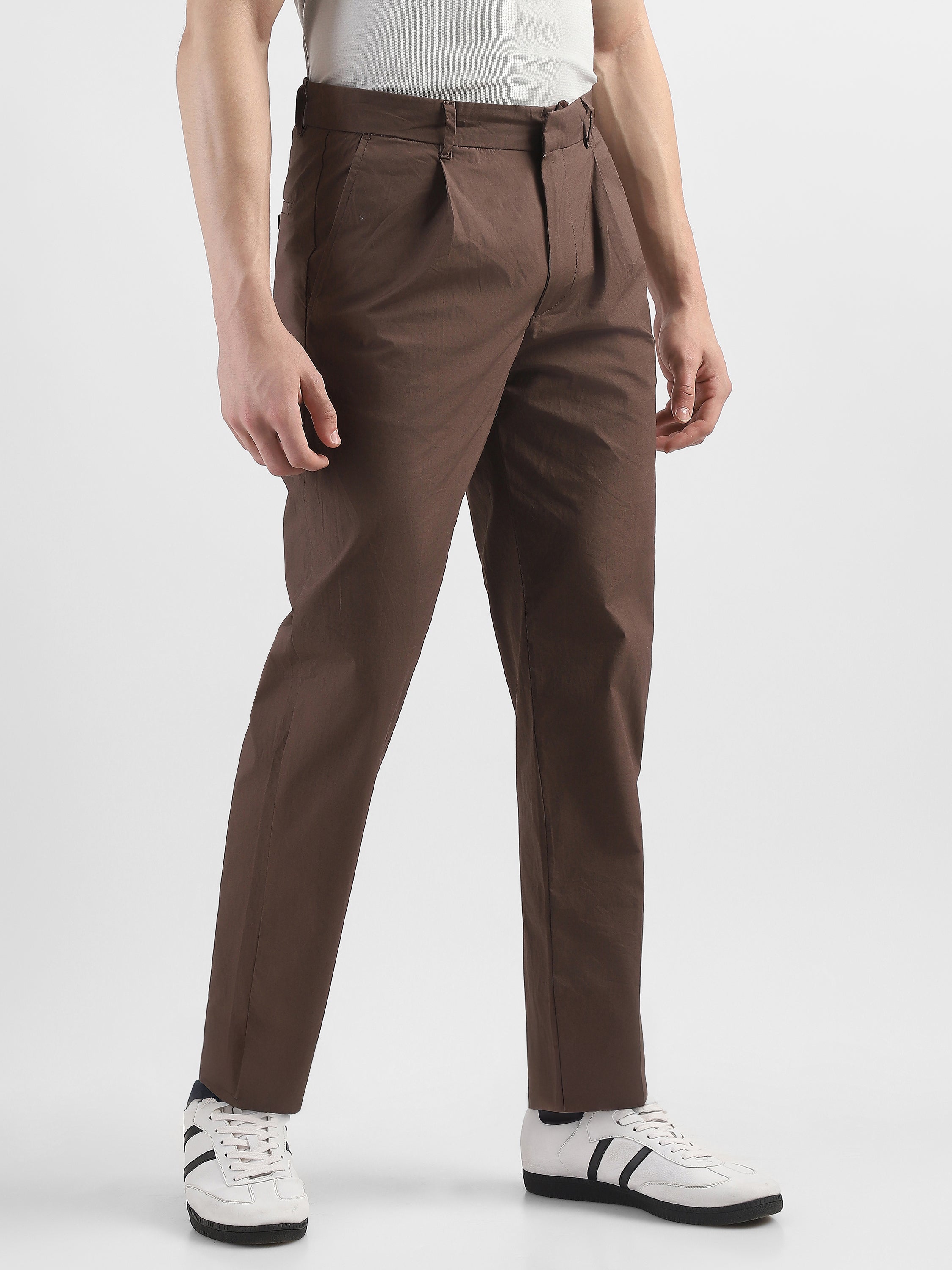 Men Brown Pleated Regular Fit Trouser
