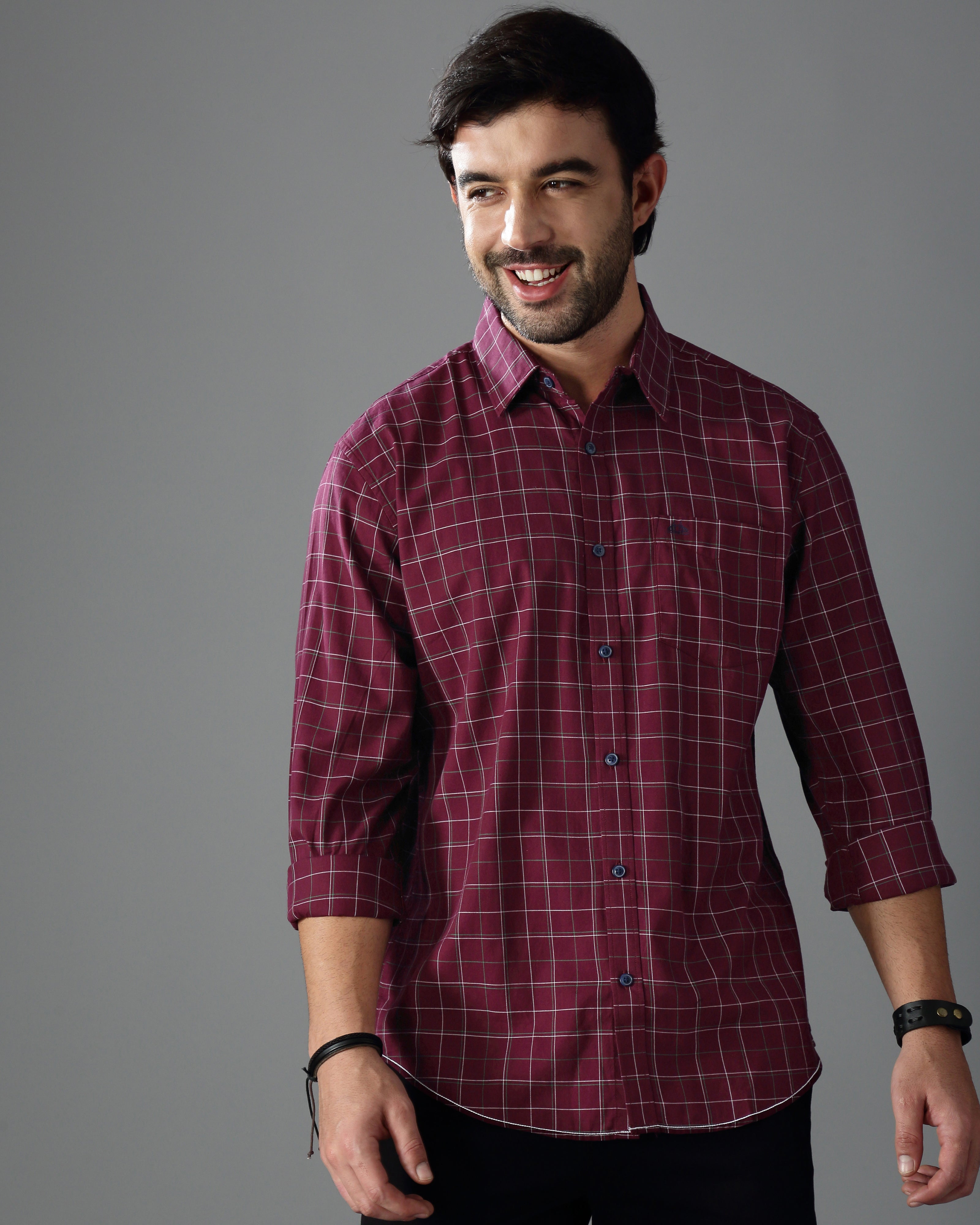 Men Burgundy Twill Checked Shirt