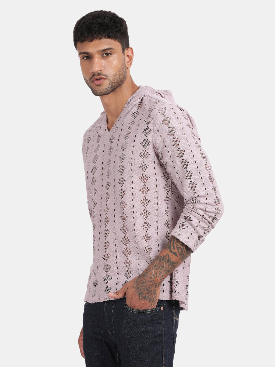 Men Pink Regular Fit Spread Collar Full Sleeve Hoodie