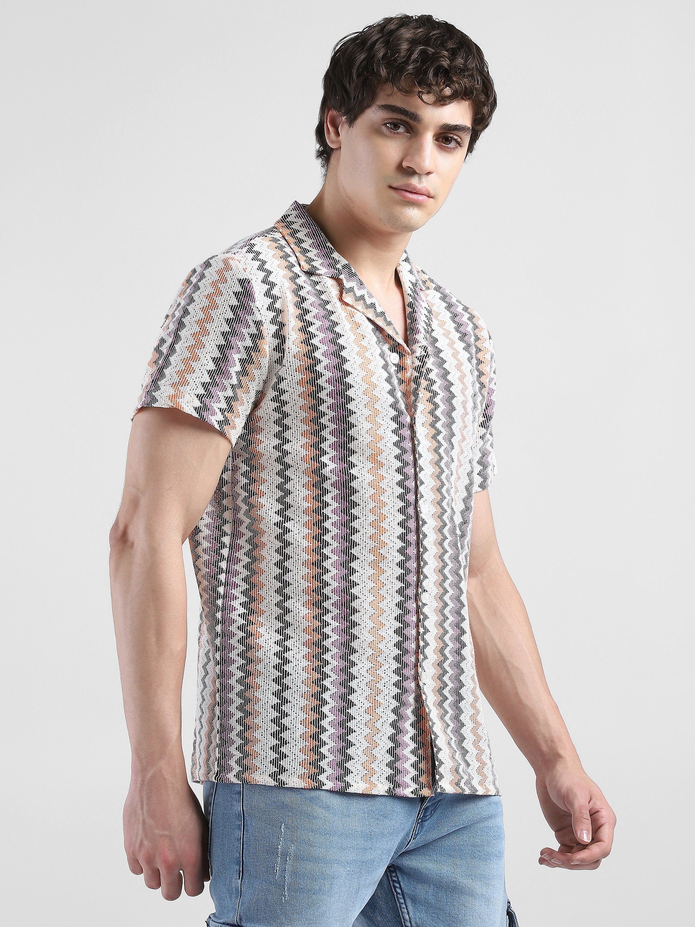 Men Lace See Through Purple Multi Casual Shirt