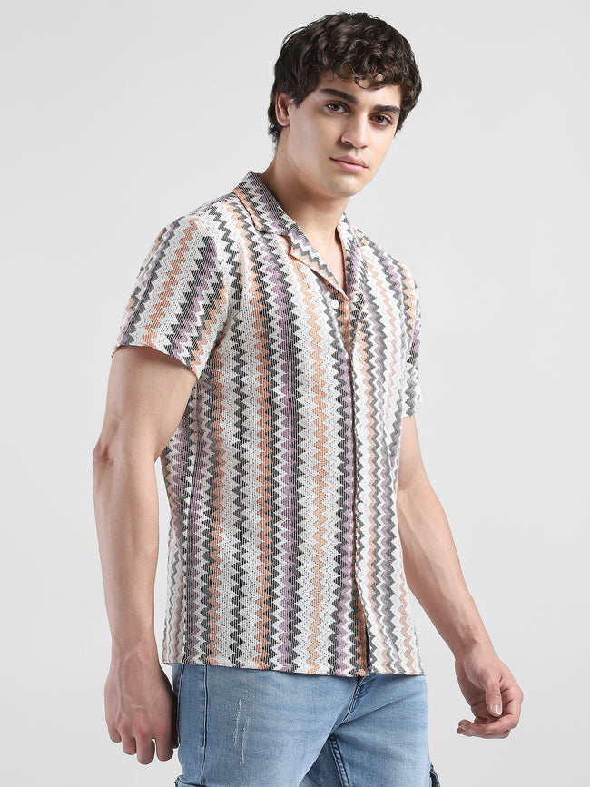 Men Lace See Through Purple Multi Casual Shirt