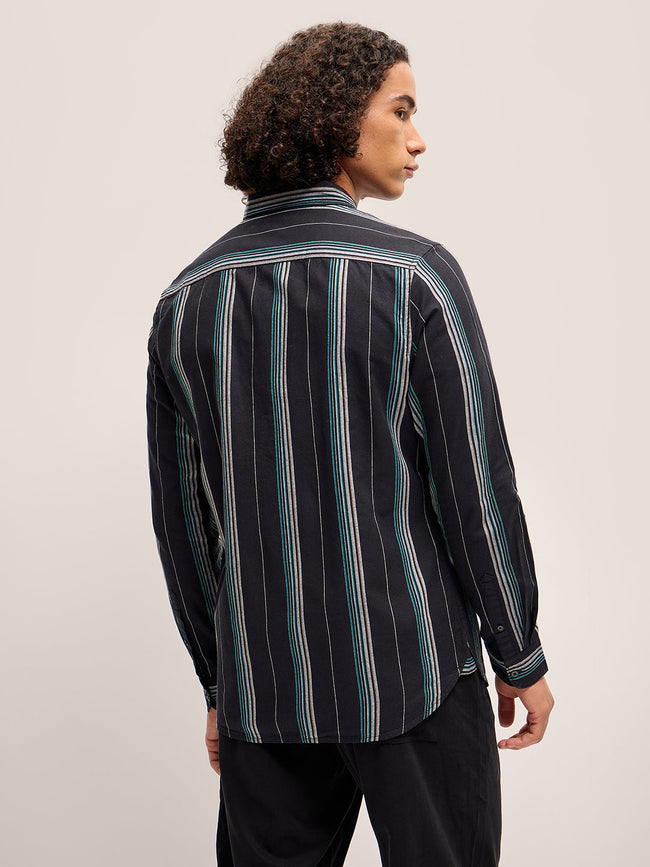 Men Black Stripe Slim Fit Casual Shirt