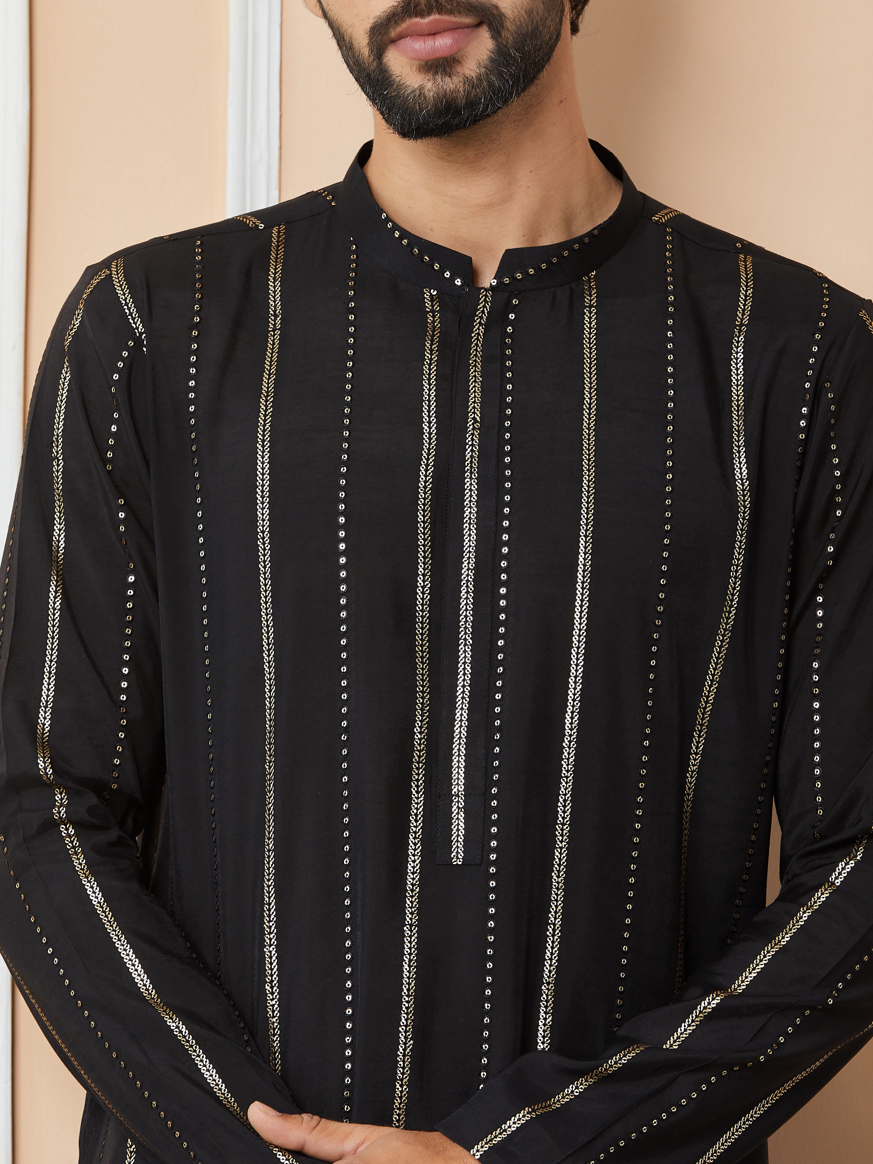 Men Black Sequins Embroidered Pure Chanderi Silk Straight Kurta