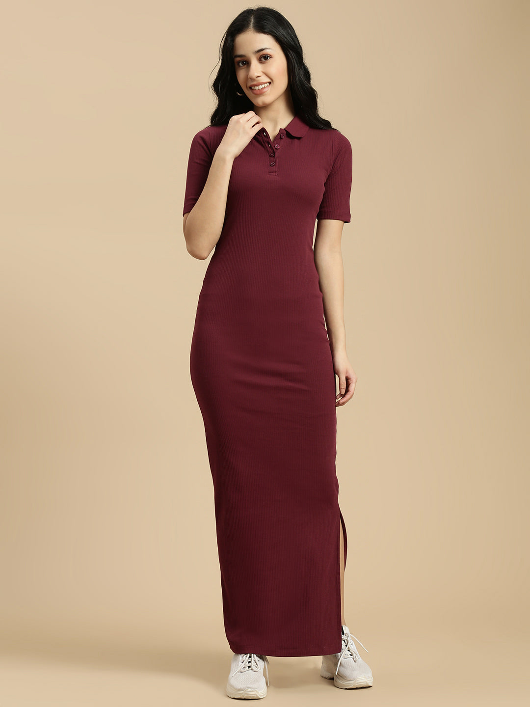 Women Burgundy Half Sleeve Dress