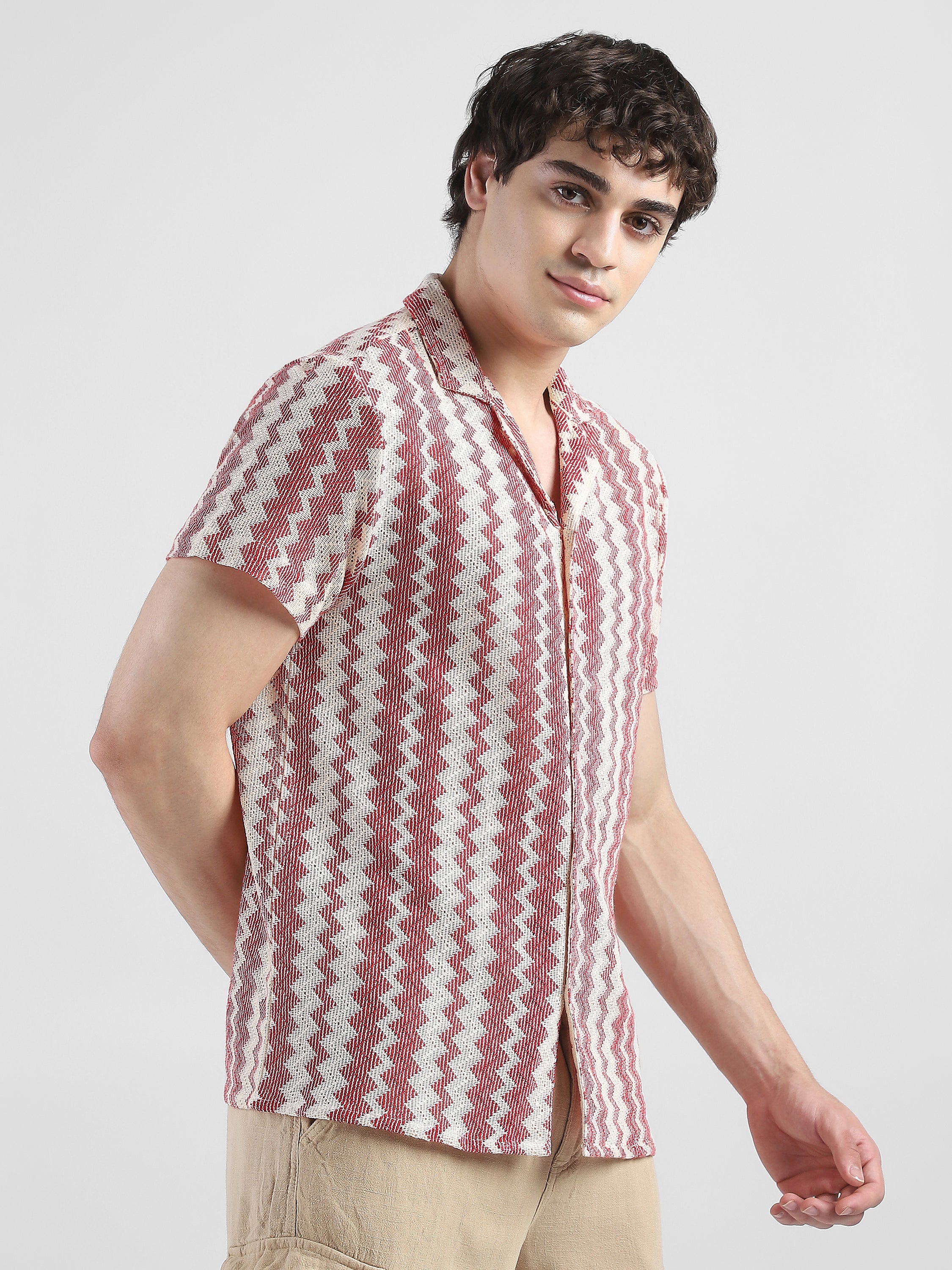 Men Lace See through Pink Casual Shirt