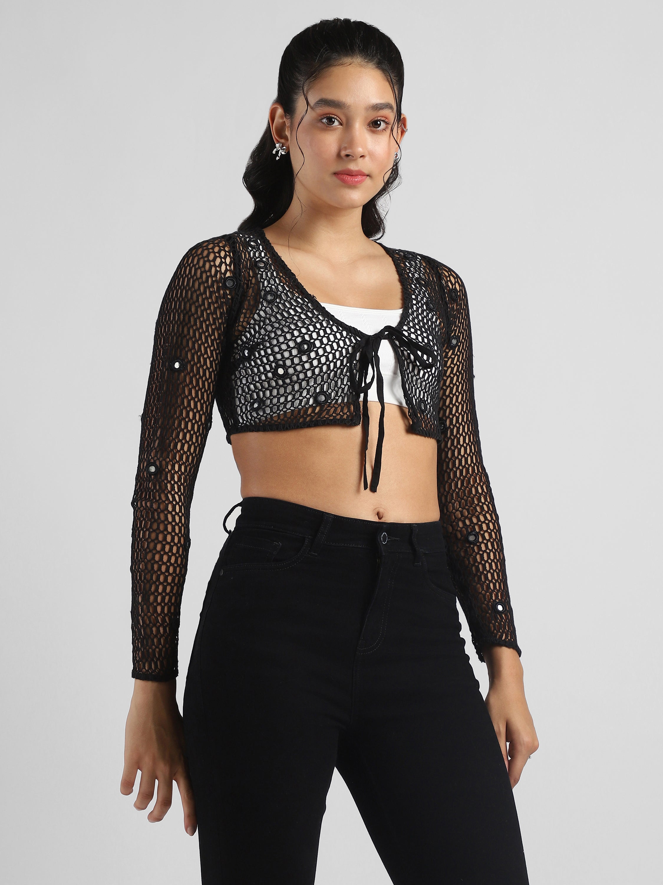 Women Black Crochet Embelished top