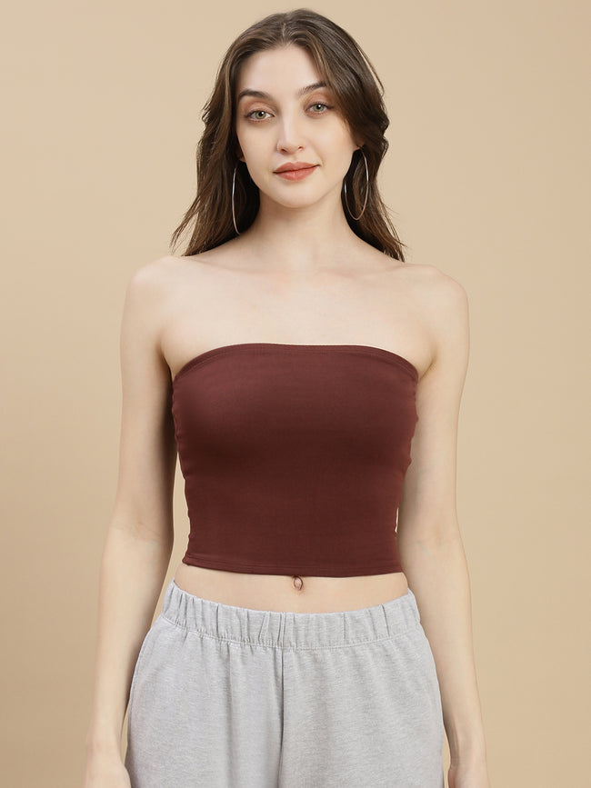 Women Brown Ruched Tube Top