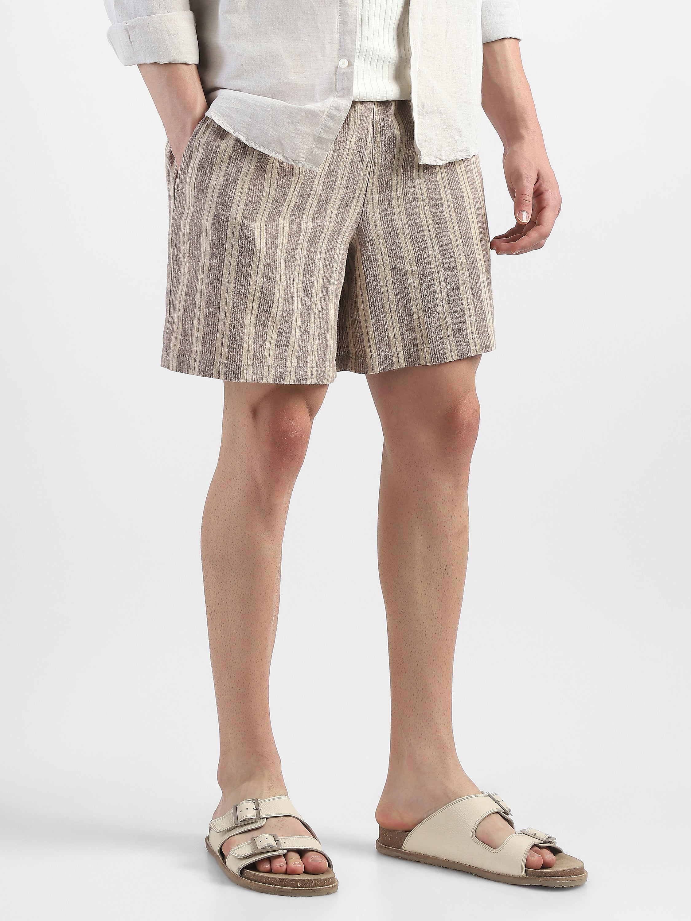Men Beige Vertical Stripe Shorts