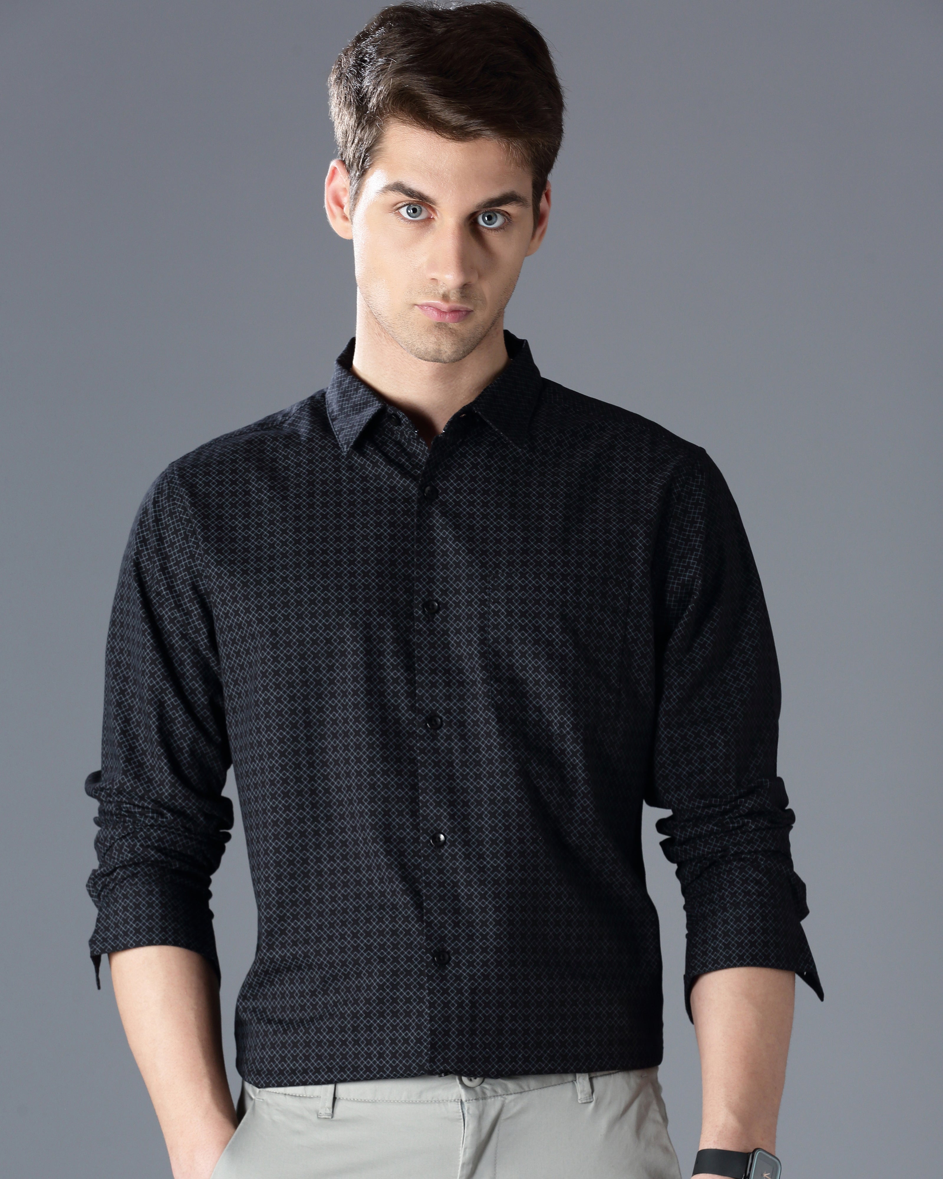 Men Black Cotton Slim Shirt