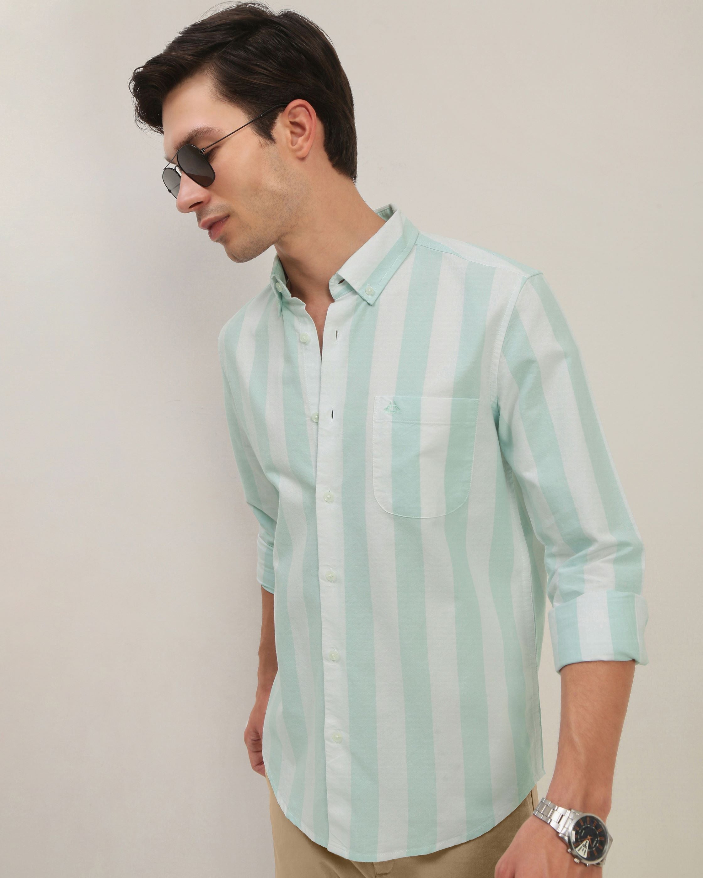 Men Green Striped Shirt