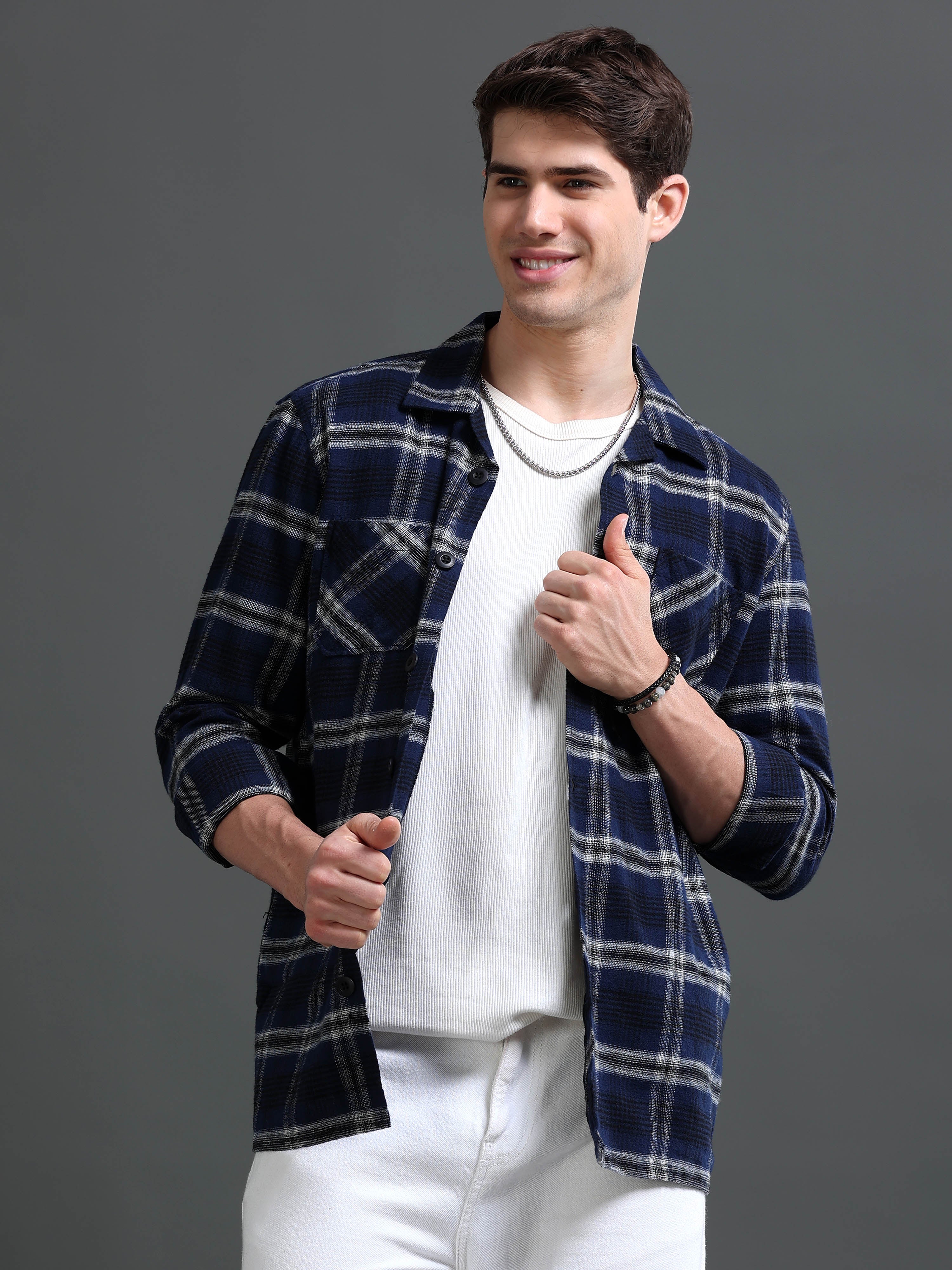Men Navy Flannel Checked Shirt