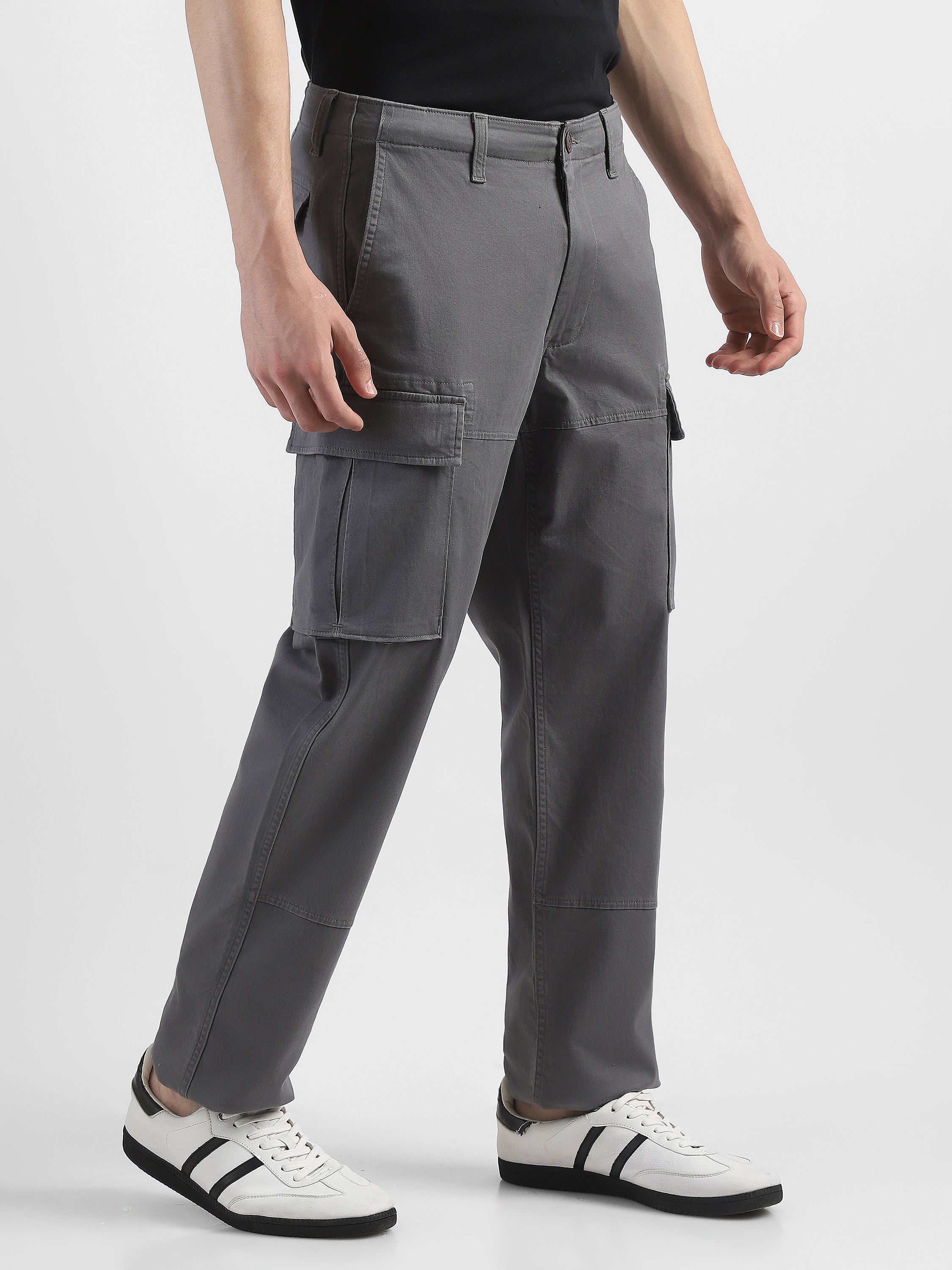 Men Grey  Cotton Mid Rise Cargo Pants