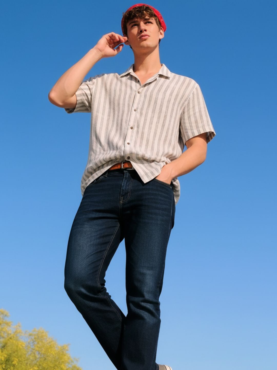 Men Sage Green Striped Linen Shirt