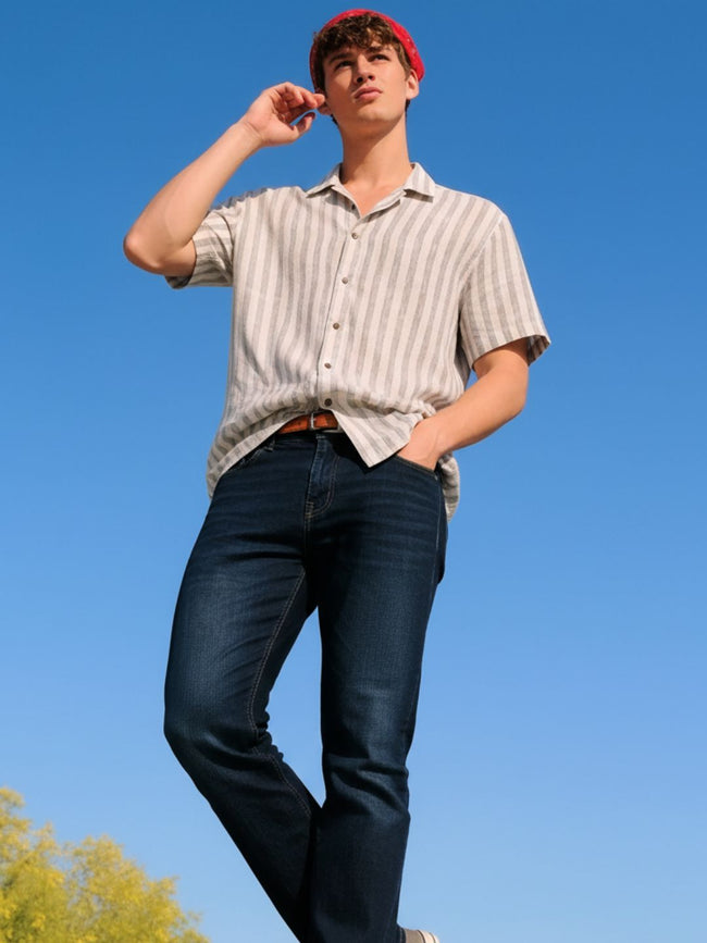 Men Sage Green Striped Linen Shirt