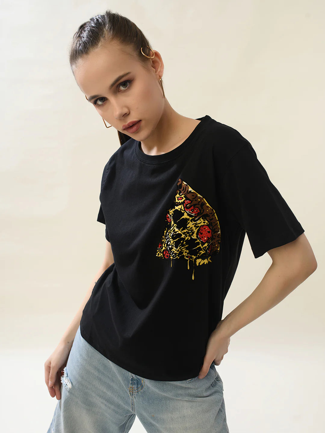Women Black Cotton Relaxed T-Shirt