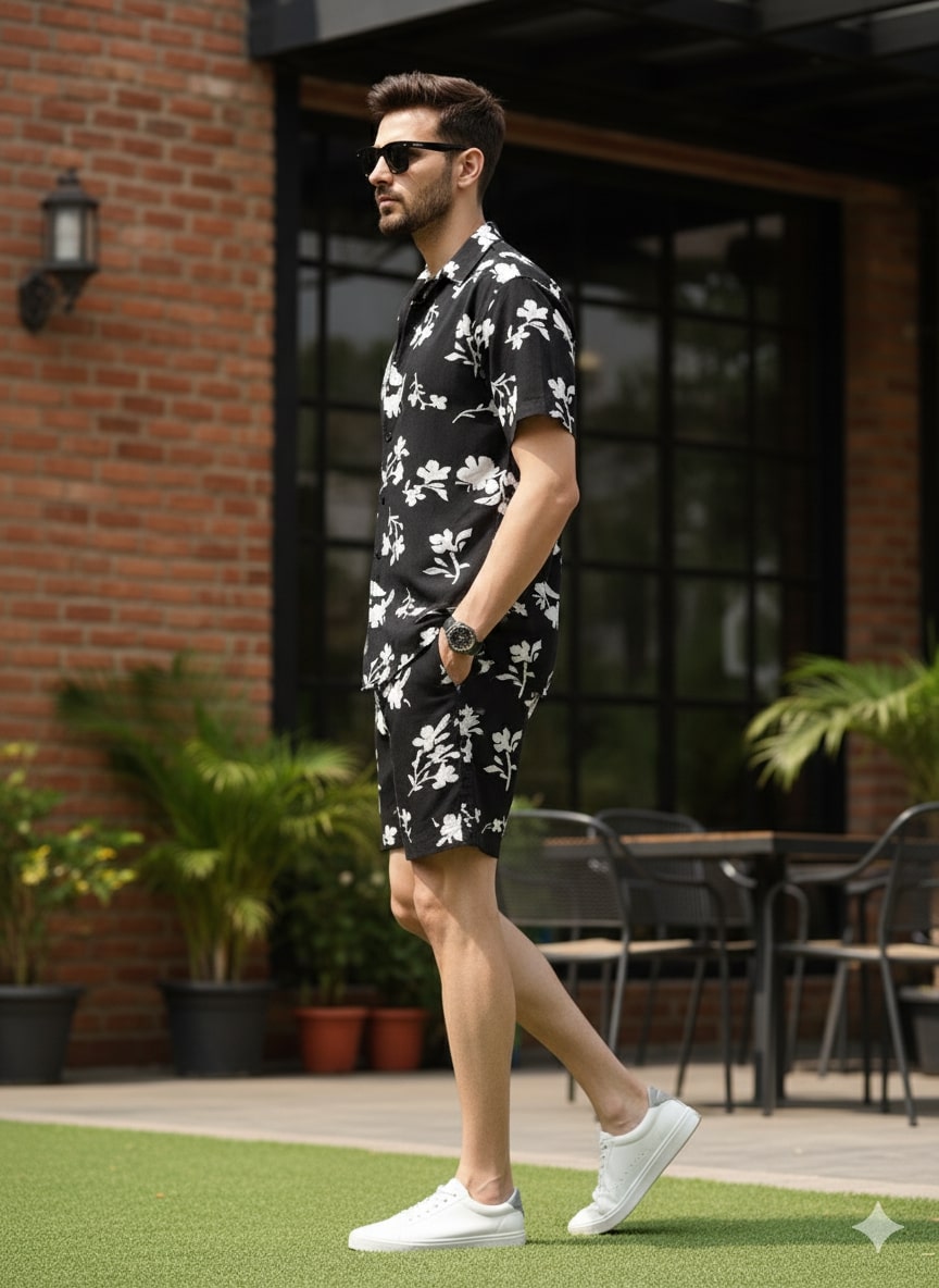 Men Black Floral Co-Ords