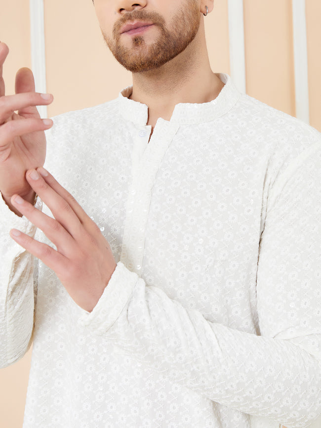 Men  White Embroidered Sequined Rayon Kurta