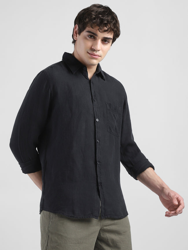 Men 100% Linen Black Regular Fit Shirt