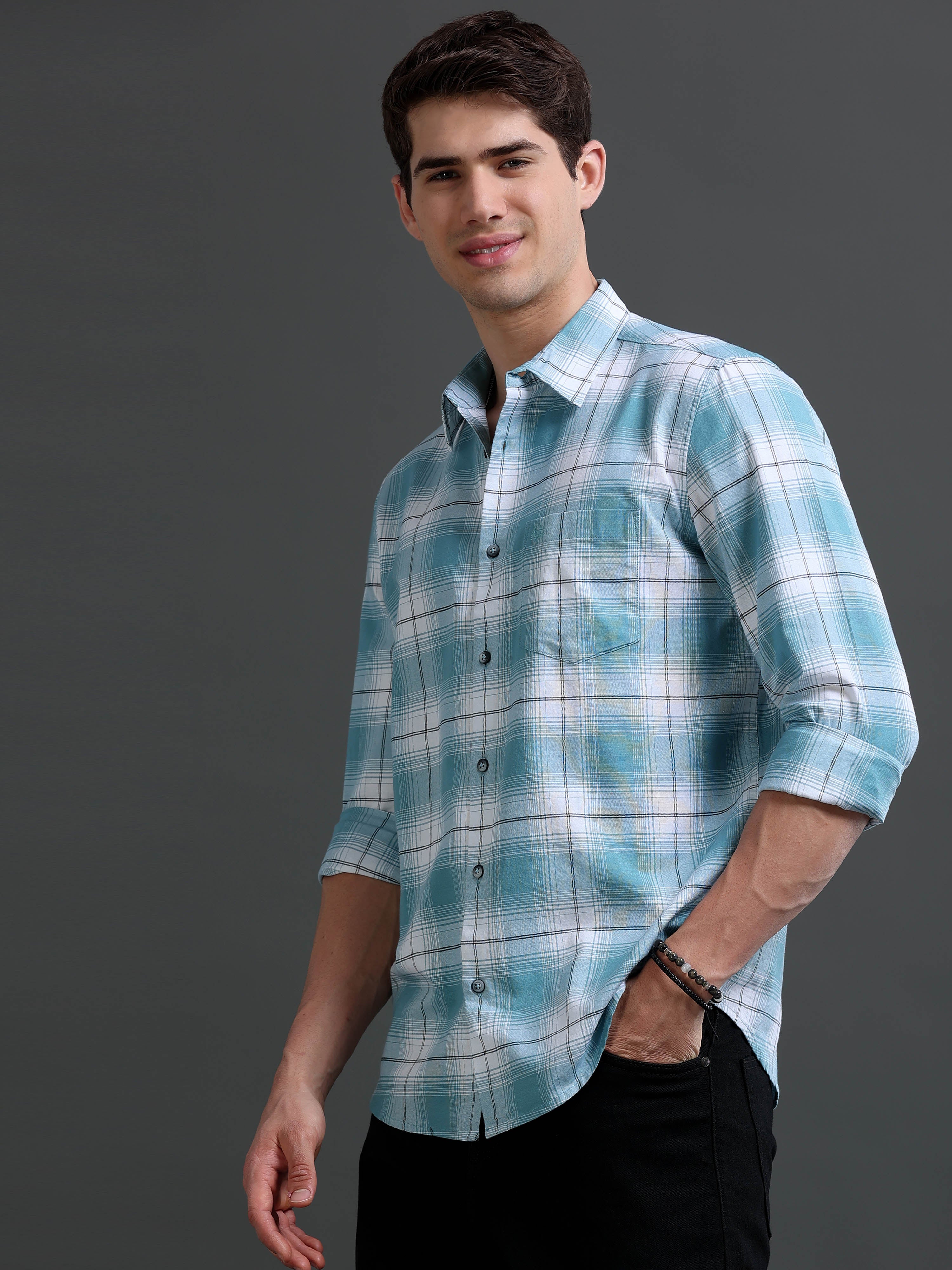Men Blue Checked Cotton Shirt
