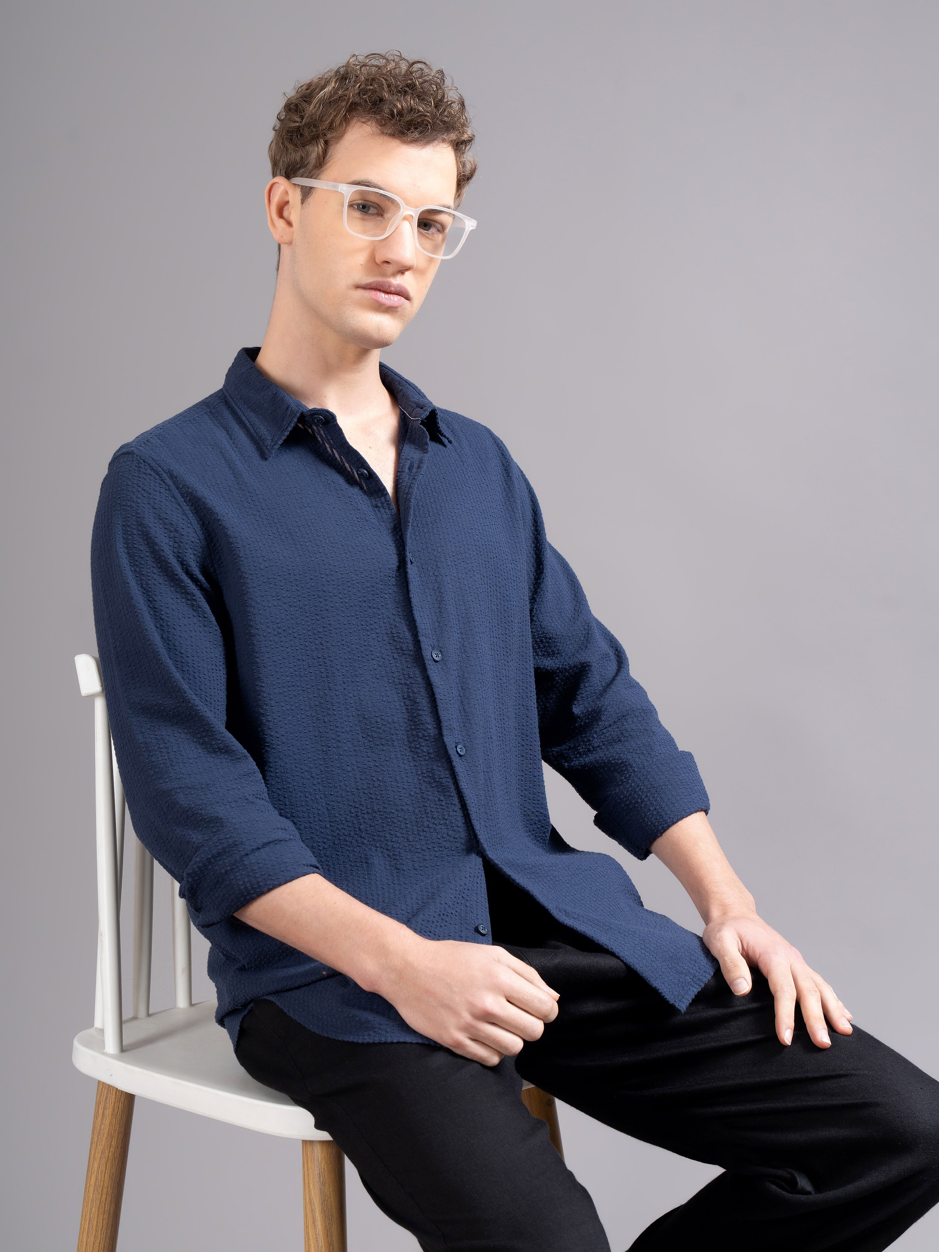 Men Navy Blue Cotton Shirt