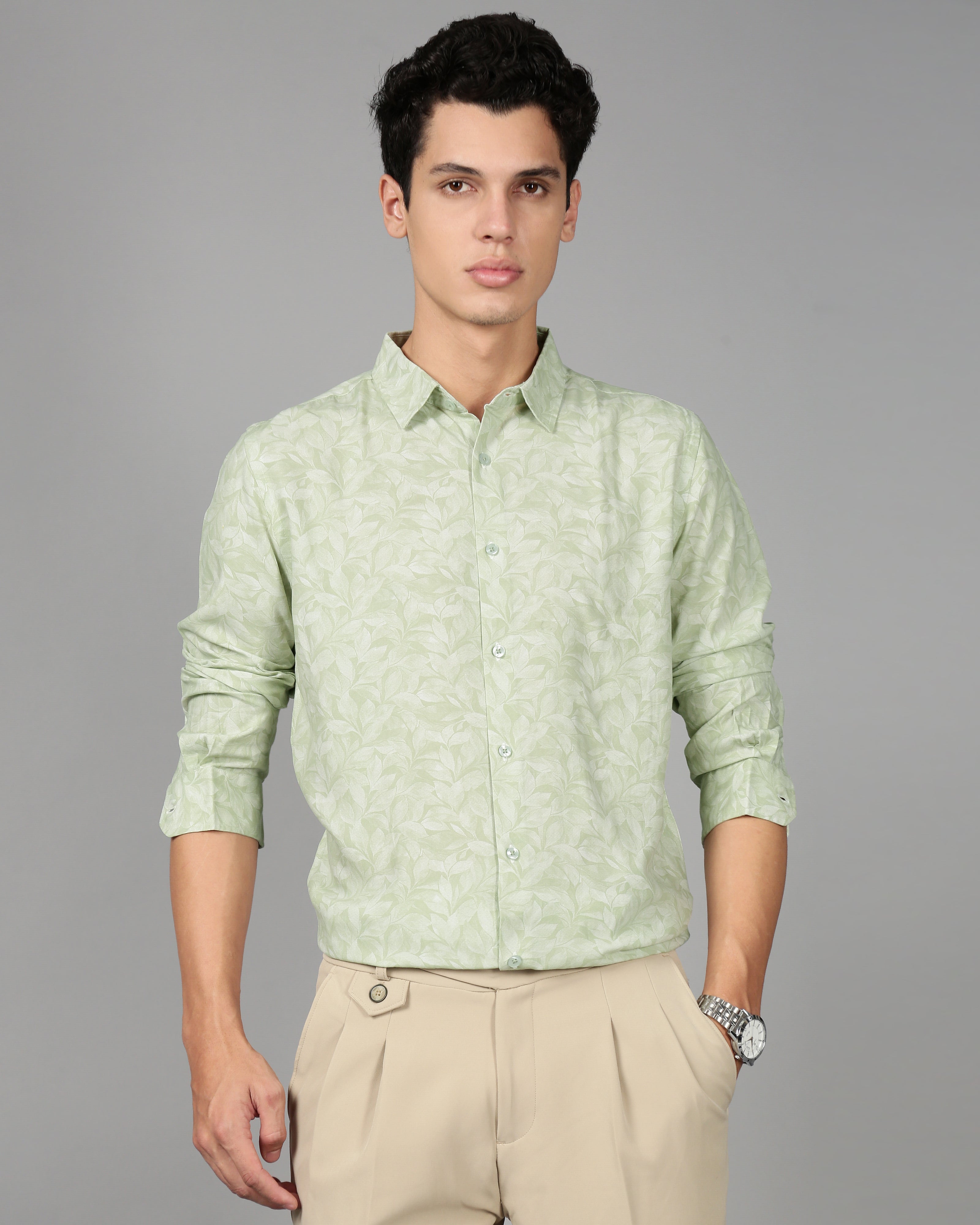 Men Green Leaf Print Shirt