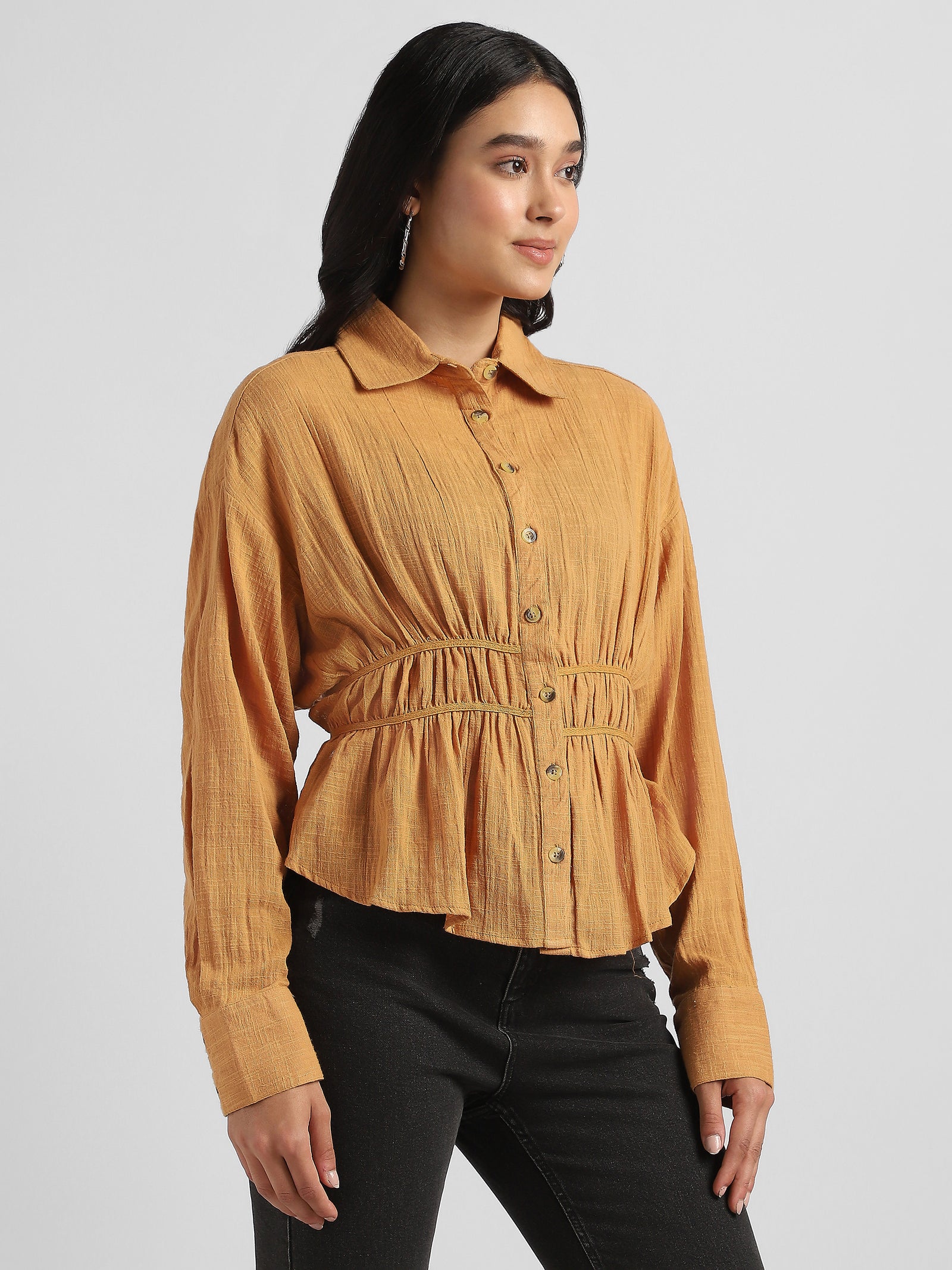 Women Mustard Shirt with Back Bottom Cut Out