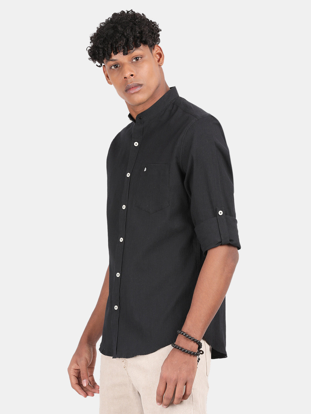 Men Charcoal Slim Fit Mandarin Collar Full Sleeve Casual Shirt