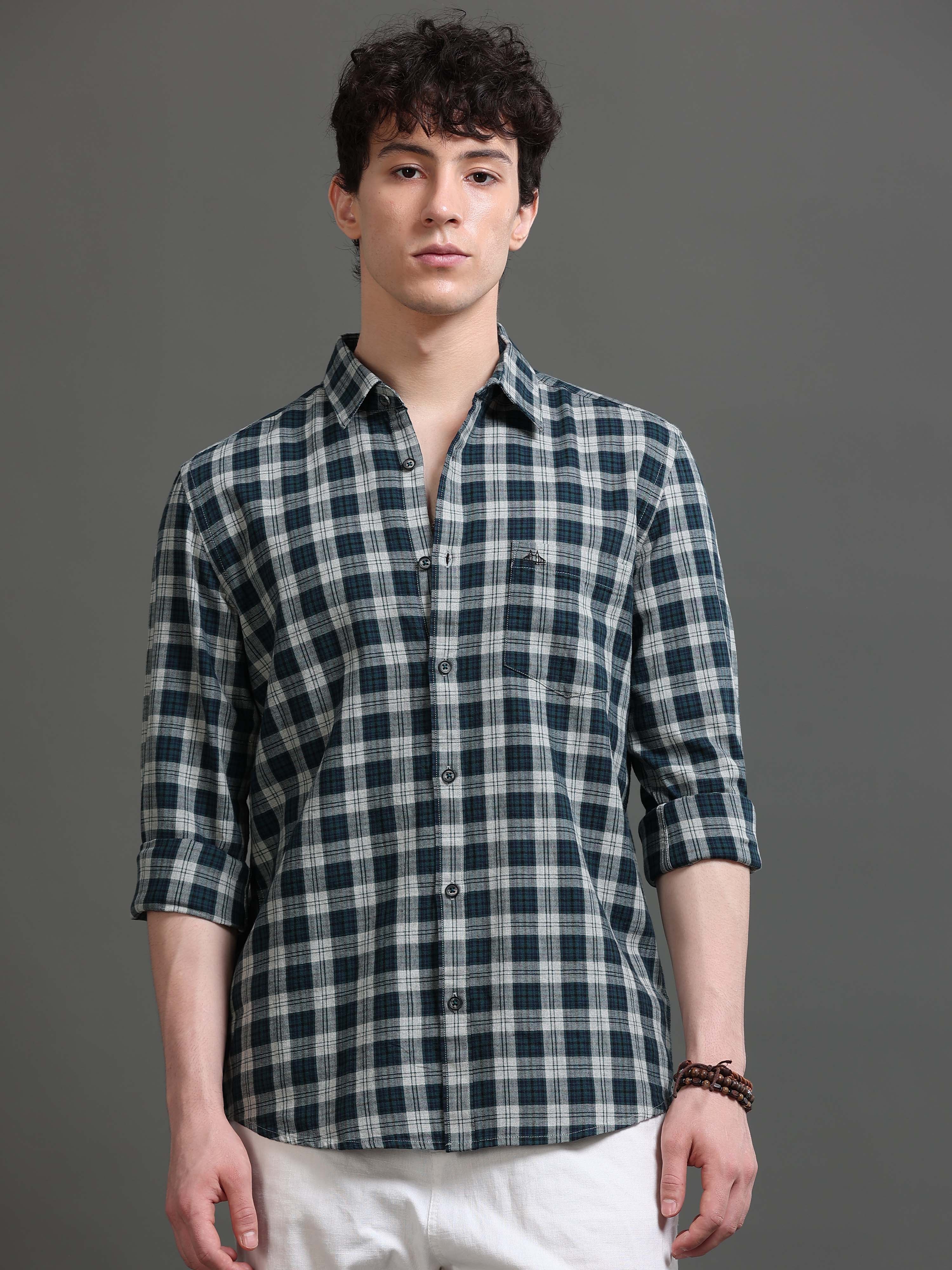 Men Teal Checked Shirt