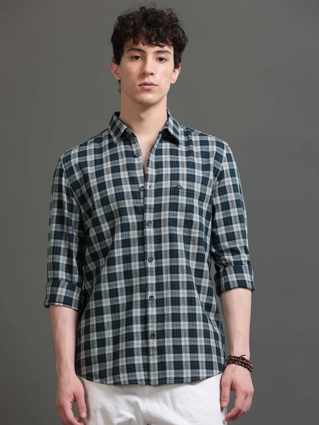 Men Teal Checked Shirt