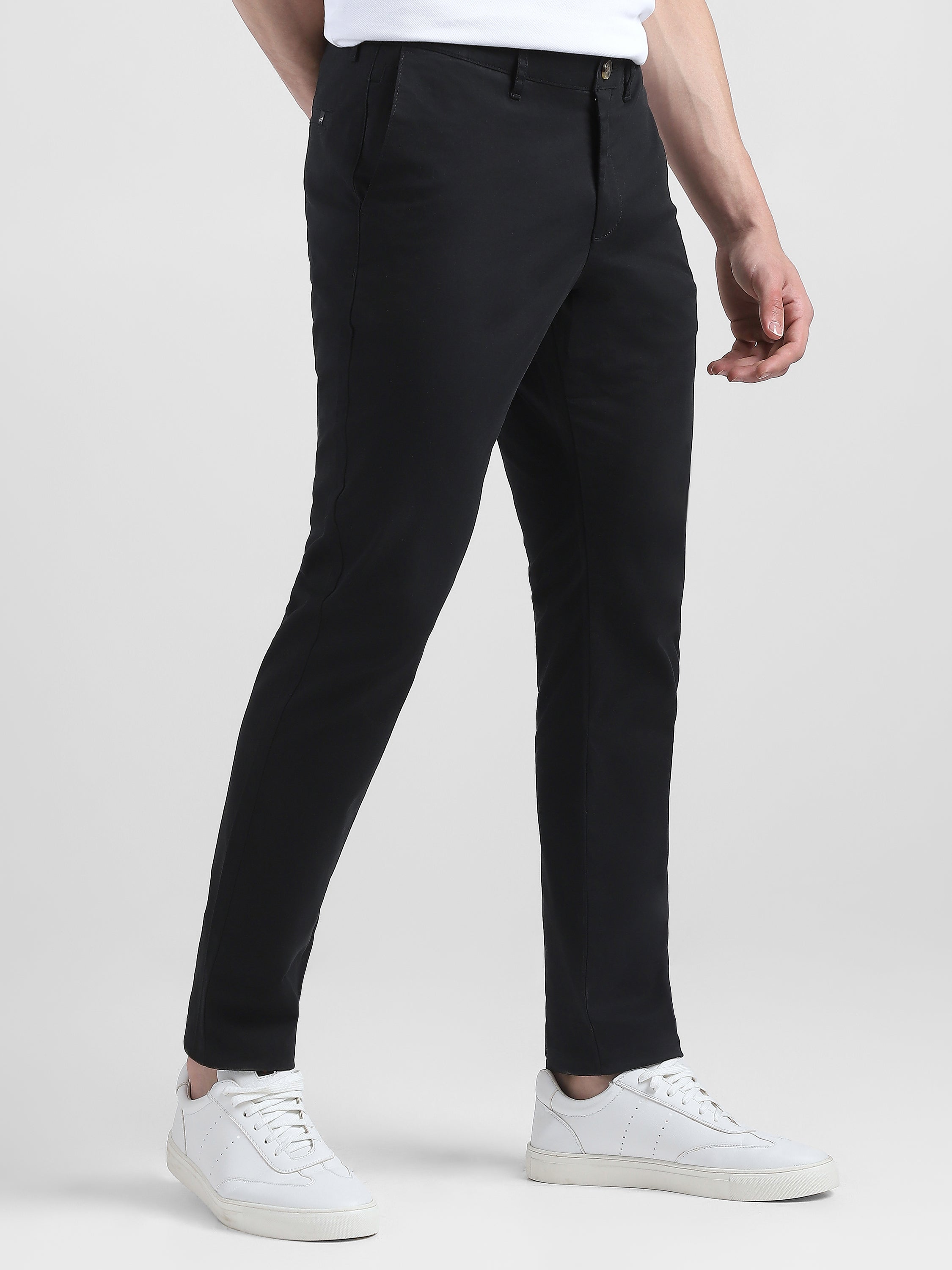 Men Black Mid Rise Regular Fit Trouser
