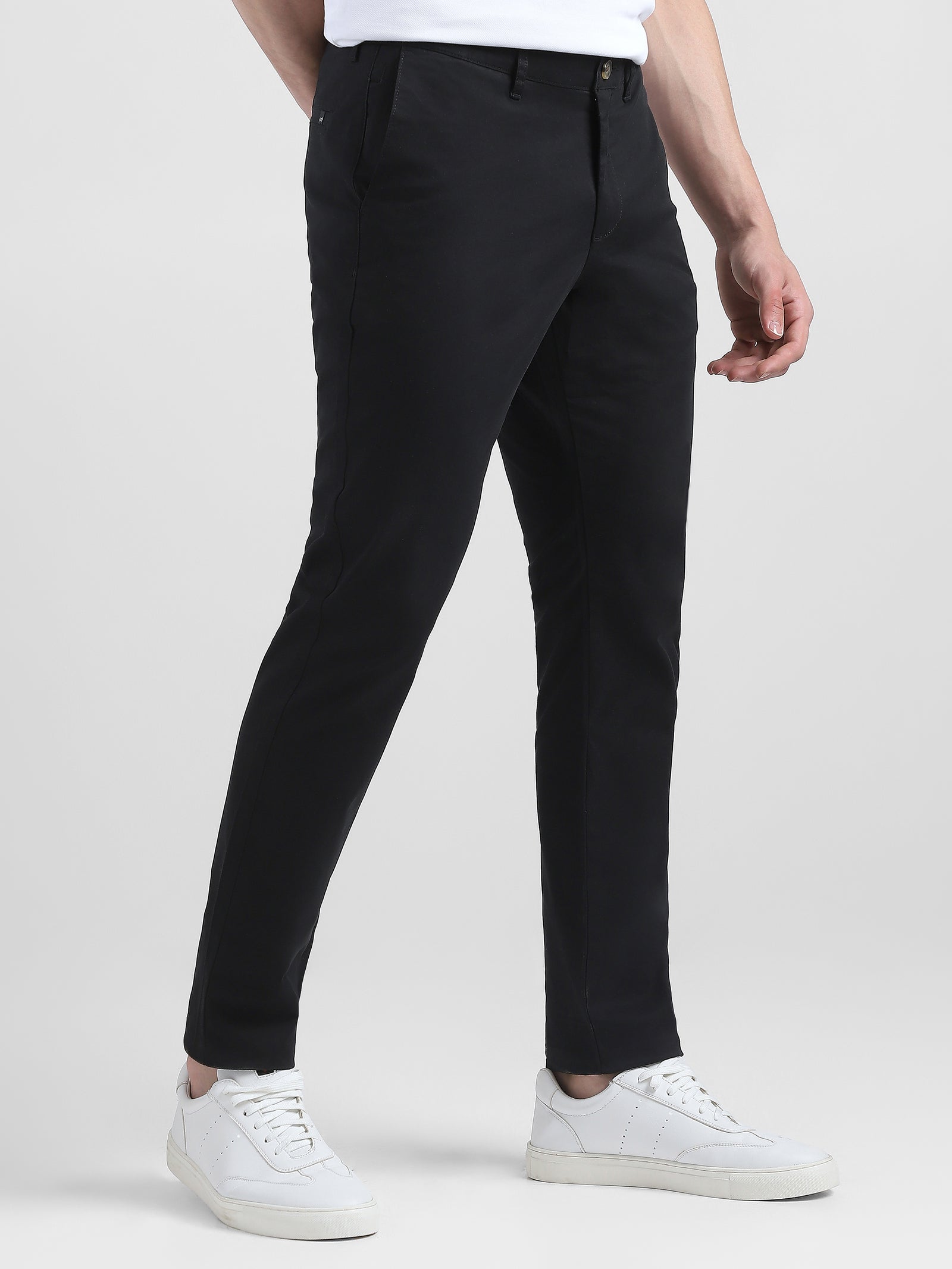 Men Black Mid Rise Regular Fit Trouser