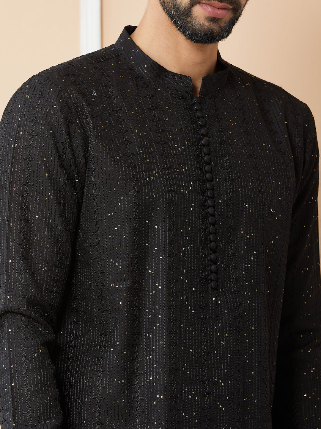 Men Black Embroidered Thread Work Sequinned Chanderi Silk Straight Kurta