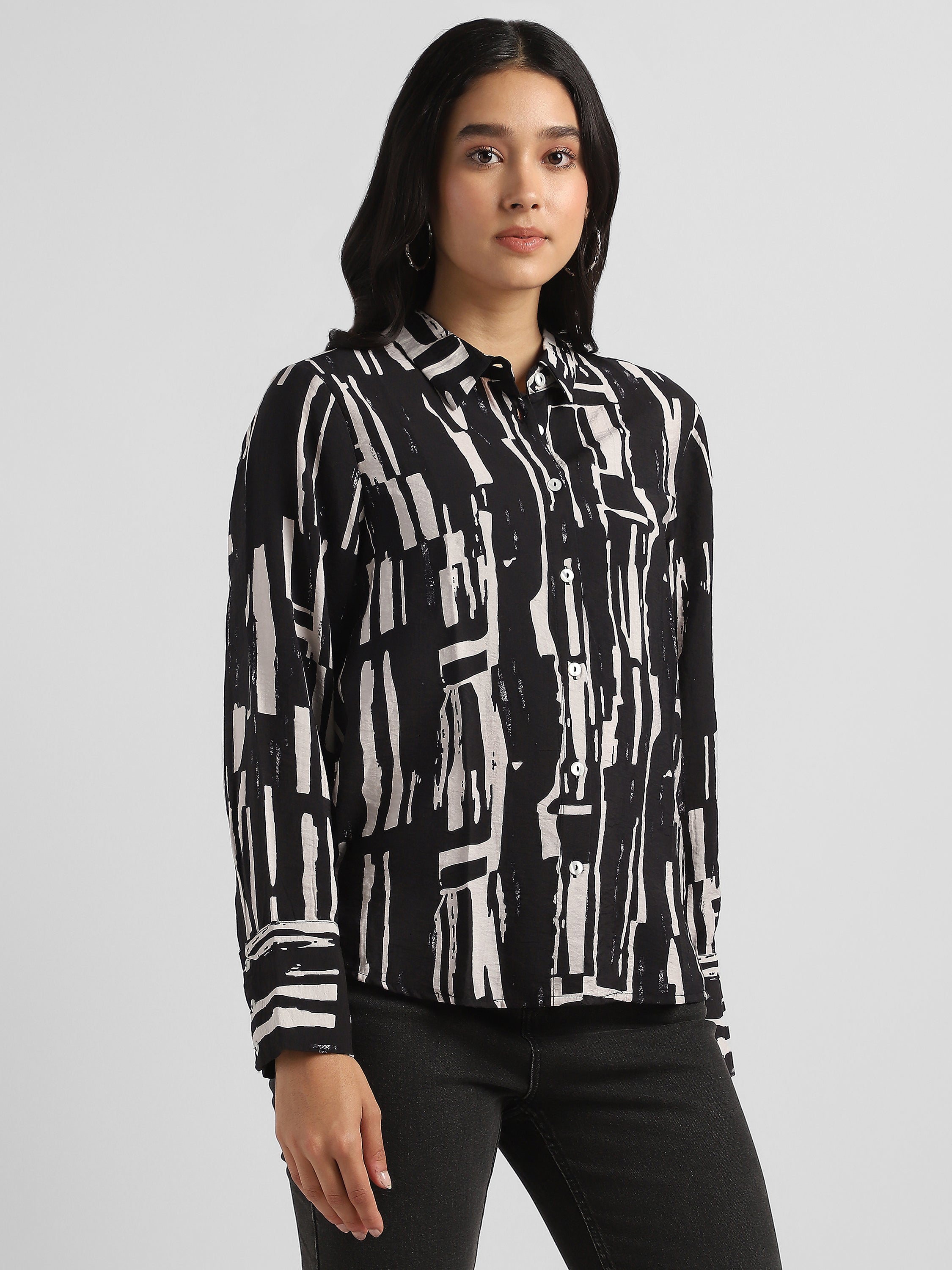 Women Black Printed Regular Fit Shirt