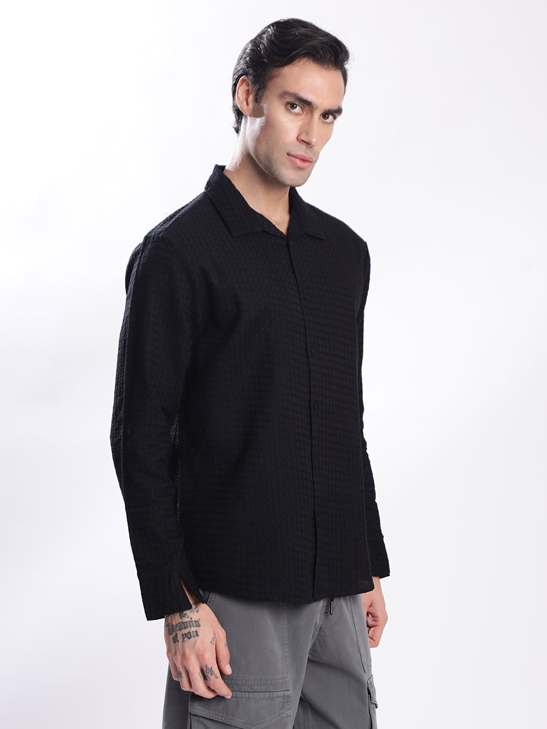 Men Black Textured Shirt with stylized Collar