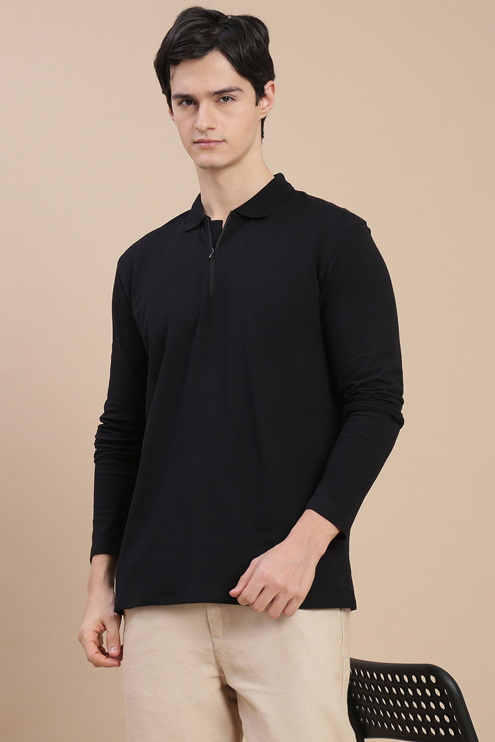 Men Black Bonded Zipper Polo T-Shirt