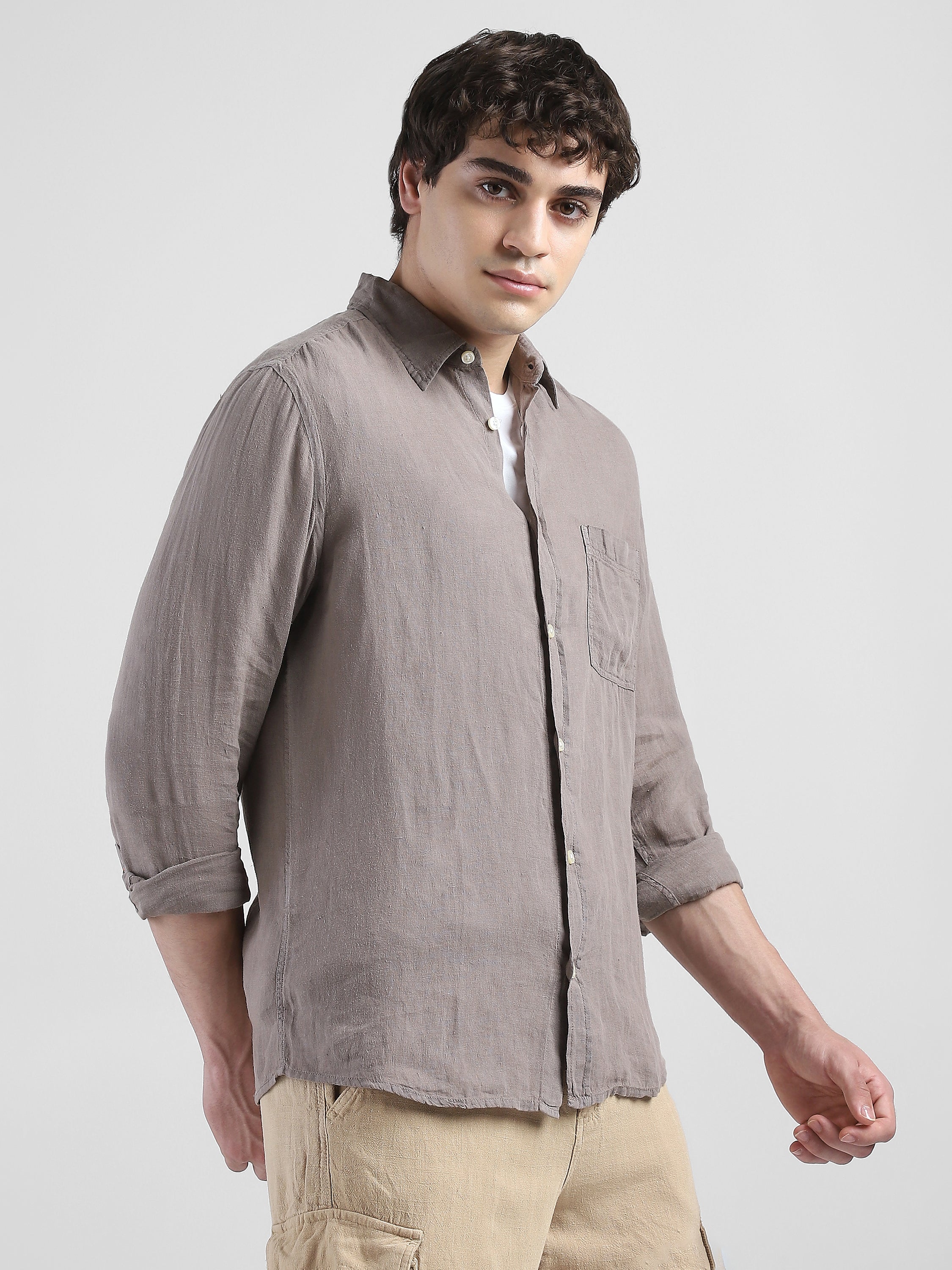 Men 100% Linen Brown Regular Fit Shirt